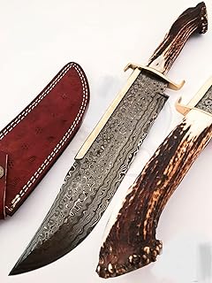 15.5" Hand Made Damascus Steel Collectible TEXAS Bowie Knife Handle Brass clip with stag horn - NoonKnives