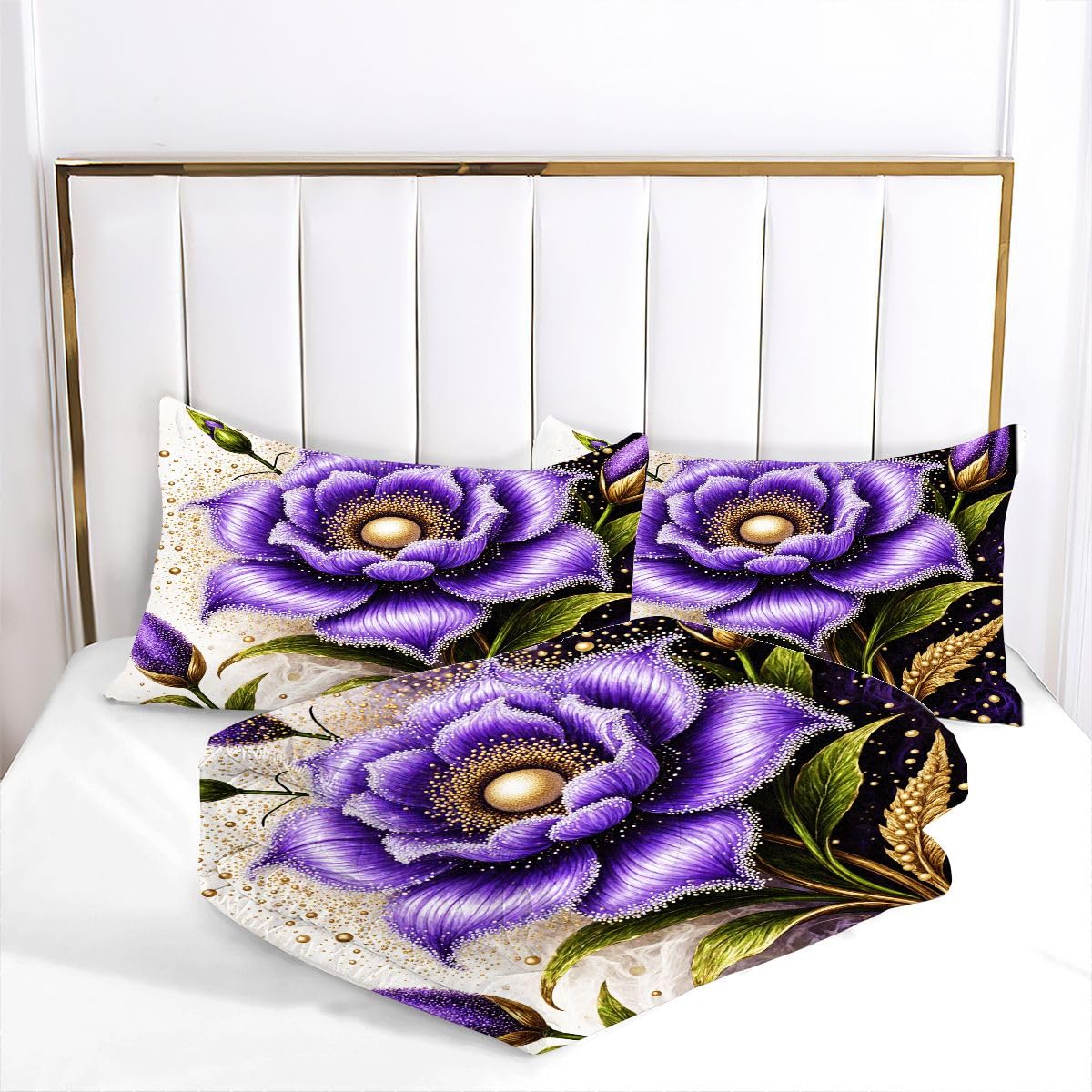 Kołdra dwuosobowa 150x200 cm | Fioletowy kwiat, super miękka mikrofibra z wypełnieniem bawełnianym 200 gsm, zawiera 2 poszewki na poduszki, ciepło zimowe A386