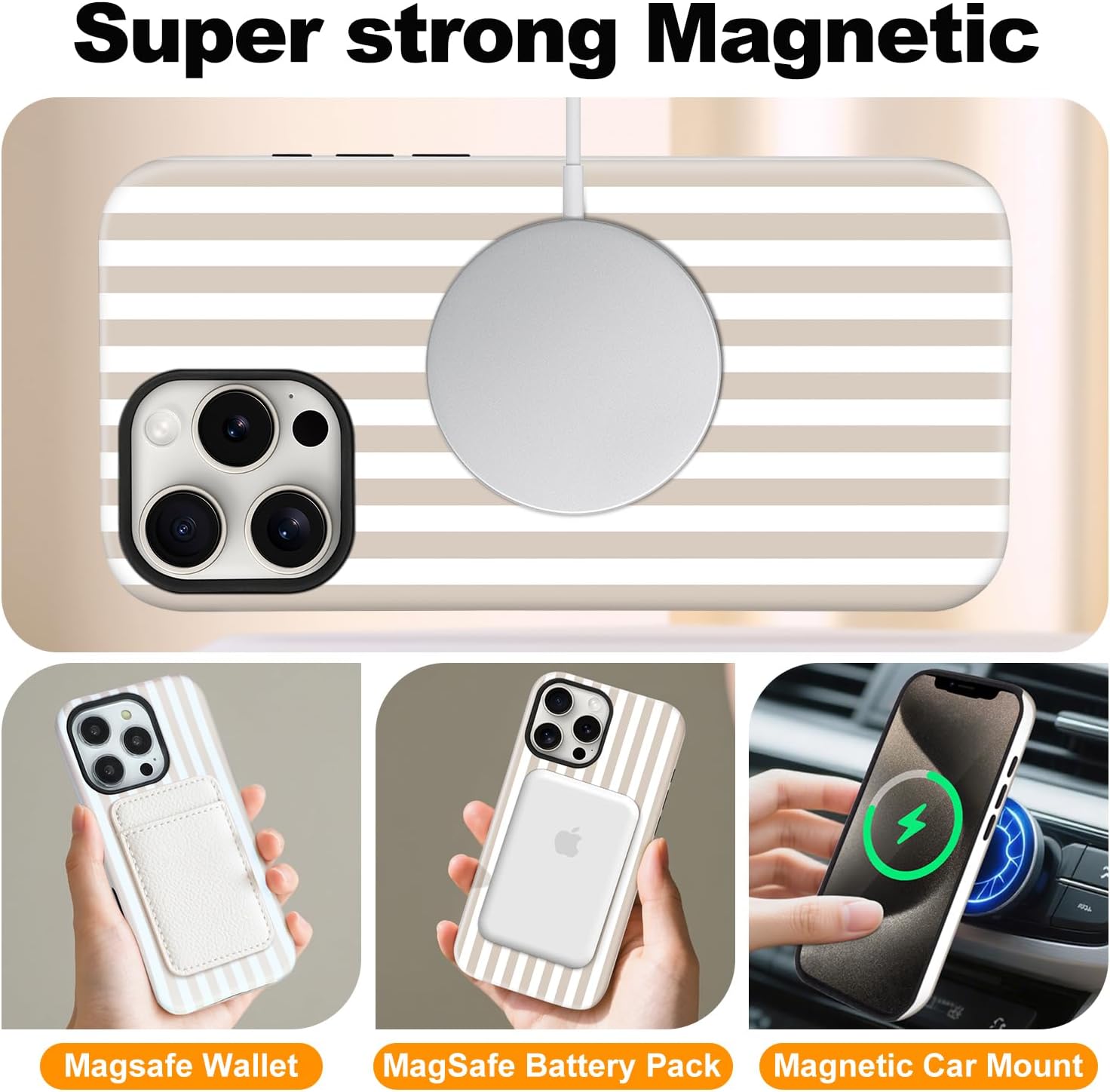 Magnetic for iPhone 16 Pro Max Case Cute Stripes Phone Case, Shockproof Slim TPU and Hard PC Protective Phone Cover Compatible with MagSafe Designed for Women Girls, Apricot - Image 4