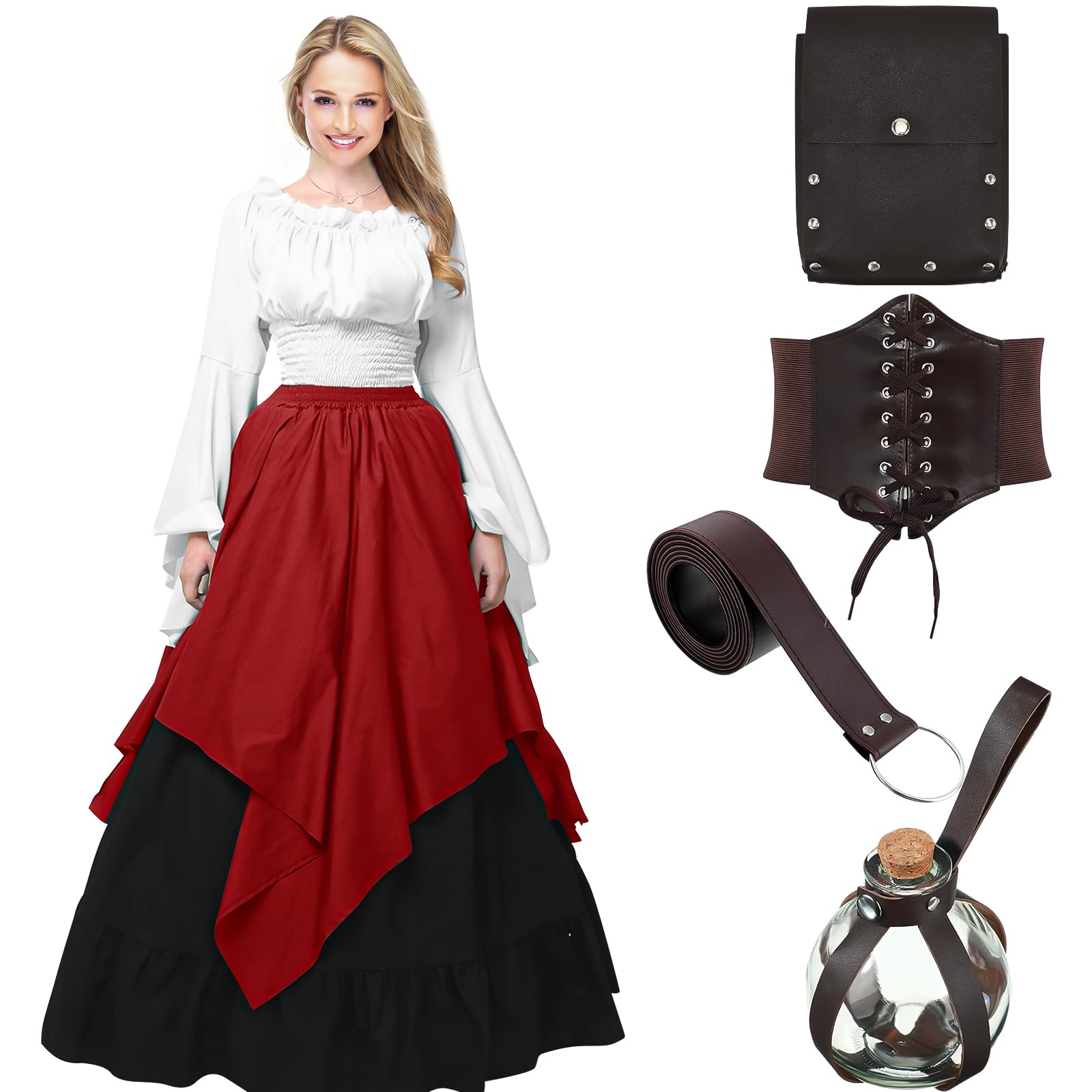 HFZCV 6 Pcs Renaissance Costume Women Medieval Victorian Shirt Dress Belt Pouch Bottle Corset for Halloween Cosplay Fancy (Red, L)
