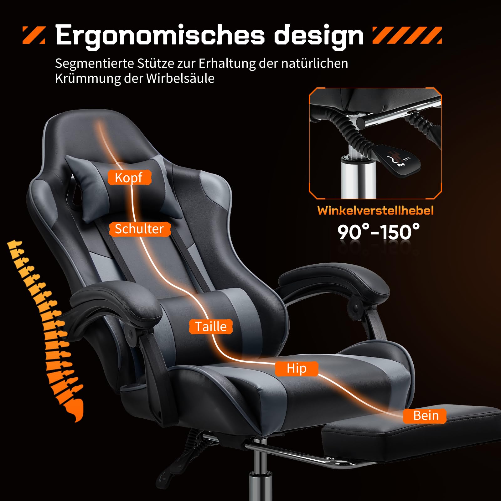 Sweetcrispy Gaming Stuhl,Ergonomischer Bürostuhl mit Fußstütze,Gamer PC Stühle mit Kopfstütze Lendenkissen,90-150° einstellbar Gaming Chair,Leder Drehbar Schreibtischstuhl Computerstuhl,Grau
