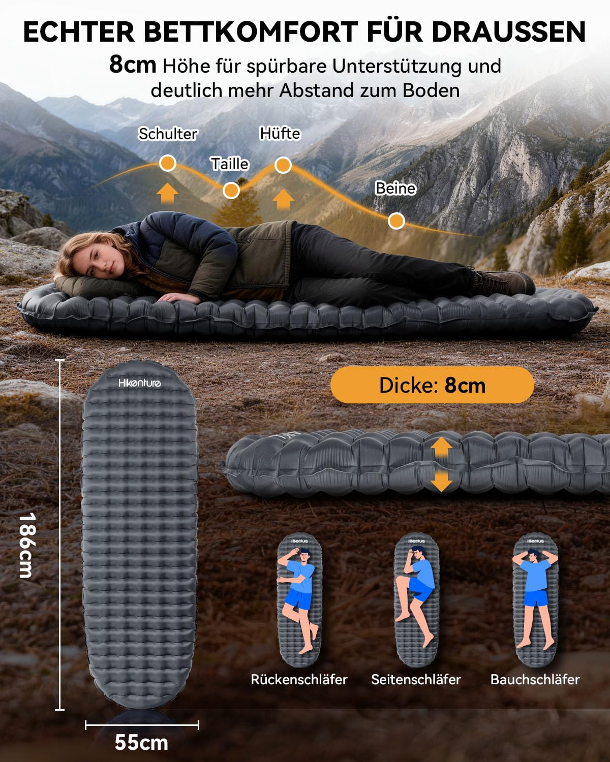 HIKENTURE Colchoneta ultraligera para camping, 460 g, valor R 4, con bolsa bomba, color gris