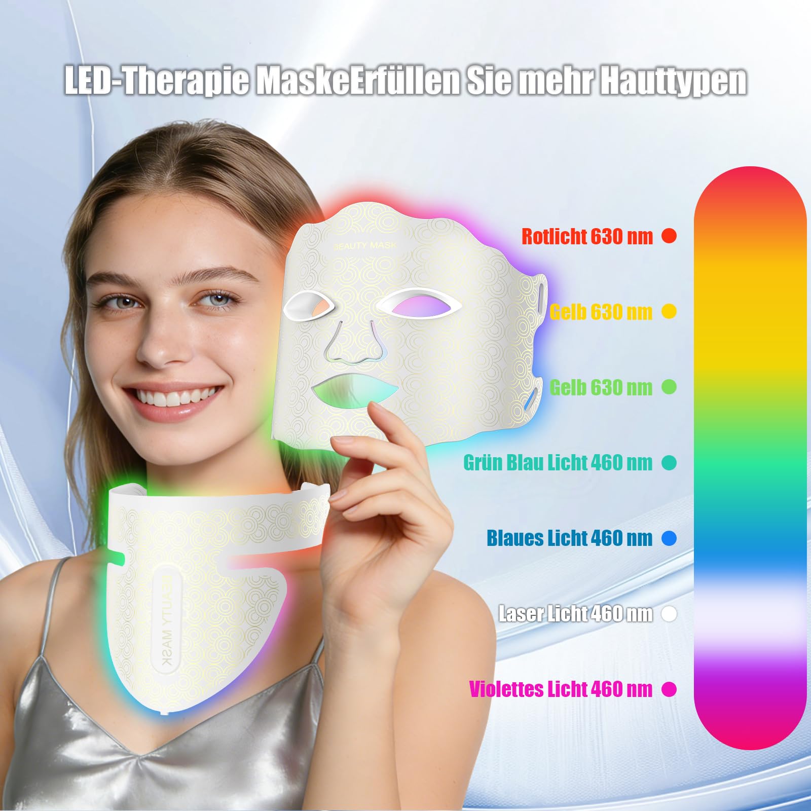 Masque Neck Set LED Visage Professionnel 7 Couleurs – Luminothérapie Anti-Âge Anti-Acné, Stimulation Collagène 630nm, Soin Visage Rajeunissement Peau, Réduction Rides & Taches-Blanc
