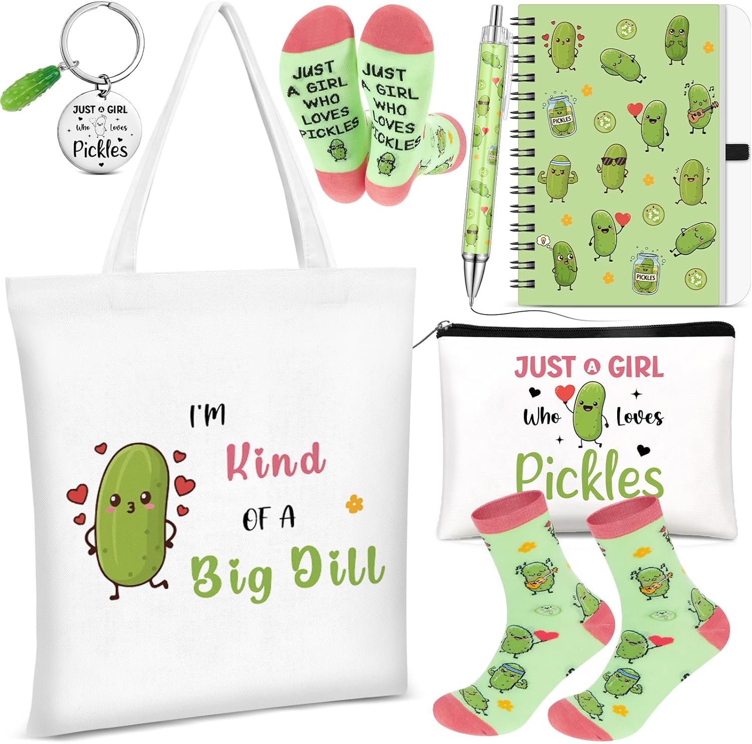 6 Pcs Pickle Gifts for Pickles Lovers Shopping Tote Bag Keychain Cosmetic Bag Sock Spiral Notebook Ballpoint Pen Just a Girl Who Loves Pickles Birthday Christmas Gift Pickle Gift Set for Women