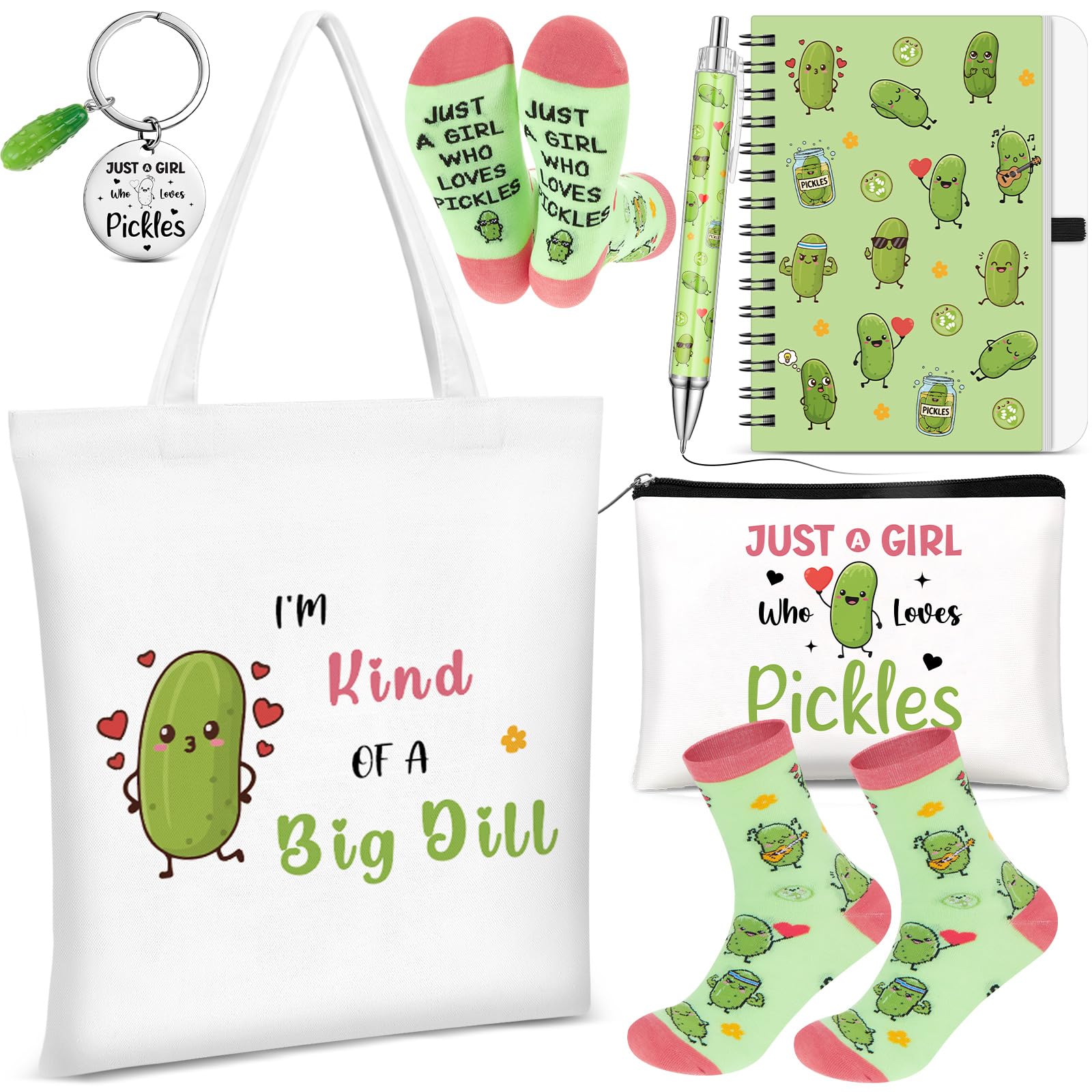 Gilprop 6 Pcs Pickle Gifts for Pickles Lovers Shopping Tote Bag Keychain Cosmetic Bag Sock Spiral Notebook Ballpoint Pen Just a Girl Who Loves Pickles Birthday Christmas Gift Pickle Gift Set for Women