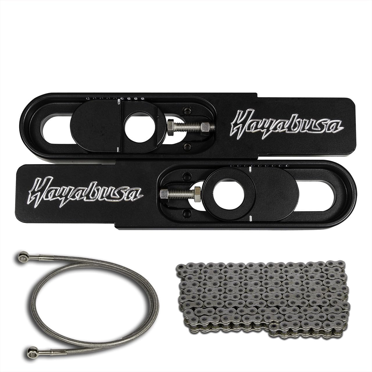 2018 Hayabusa Swingarm Extensions Black Engrave 4.5-9" Stretch with 60" ABS COMPATIBLE Brake Line and 530 x 150 Link Chain - Made in the USA