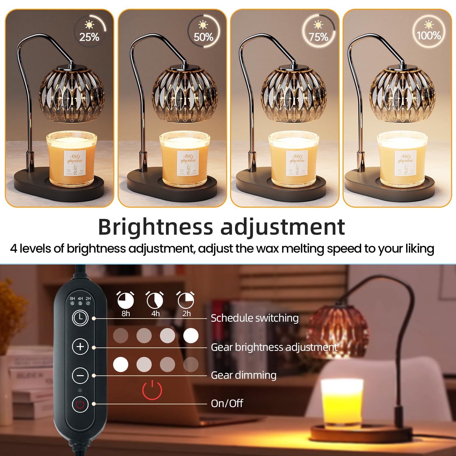 LLampe Réchauffante de Bougie avec Minuterie & Variateur 4 Niveaux – Chauffage Électrique pour Bougies en Pot – Décoration Maison Noire – 2 Ampoules Incluses – Cadeau pour Femmes, Hommes, Maison