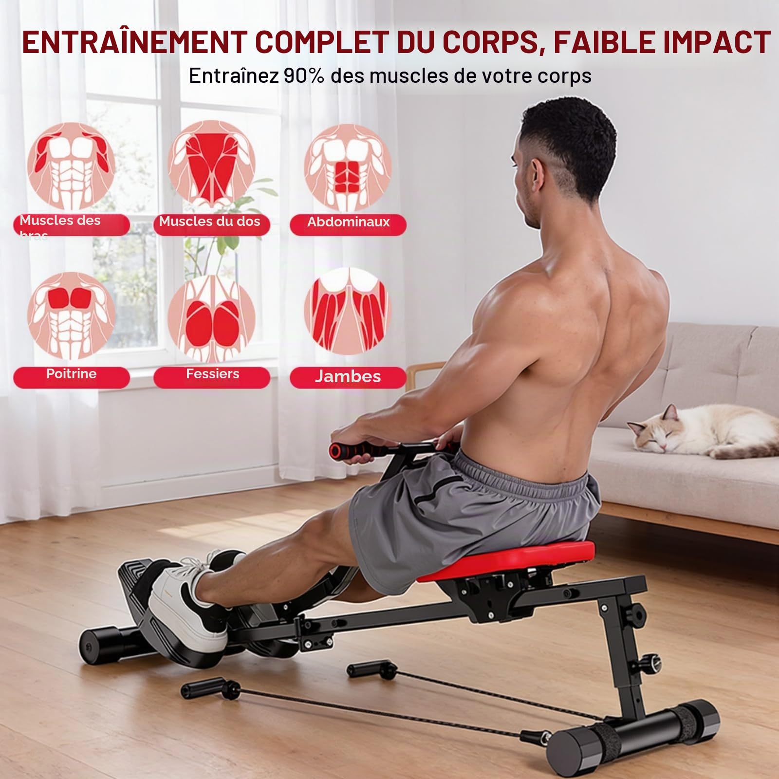 Rameur pour la Maison Hydraulique Rowing Machines, 12 Niveaux de Résistance, Capacité de 180KG, Rameur pour Entraînement Complet Fitnessappareil