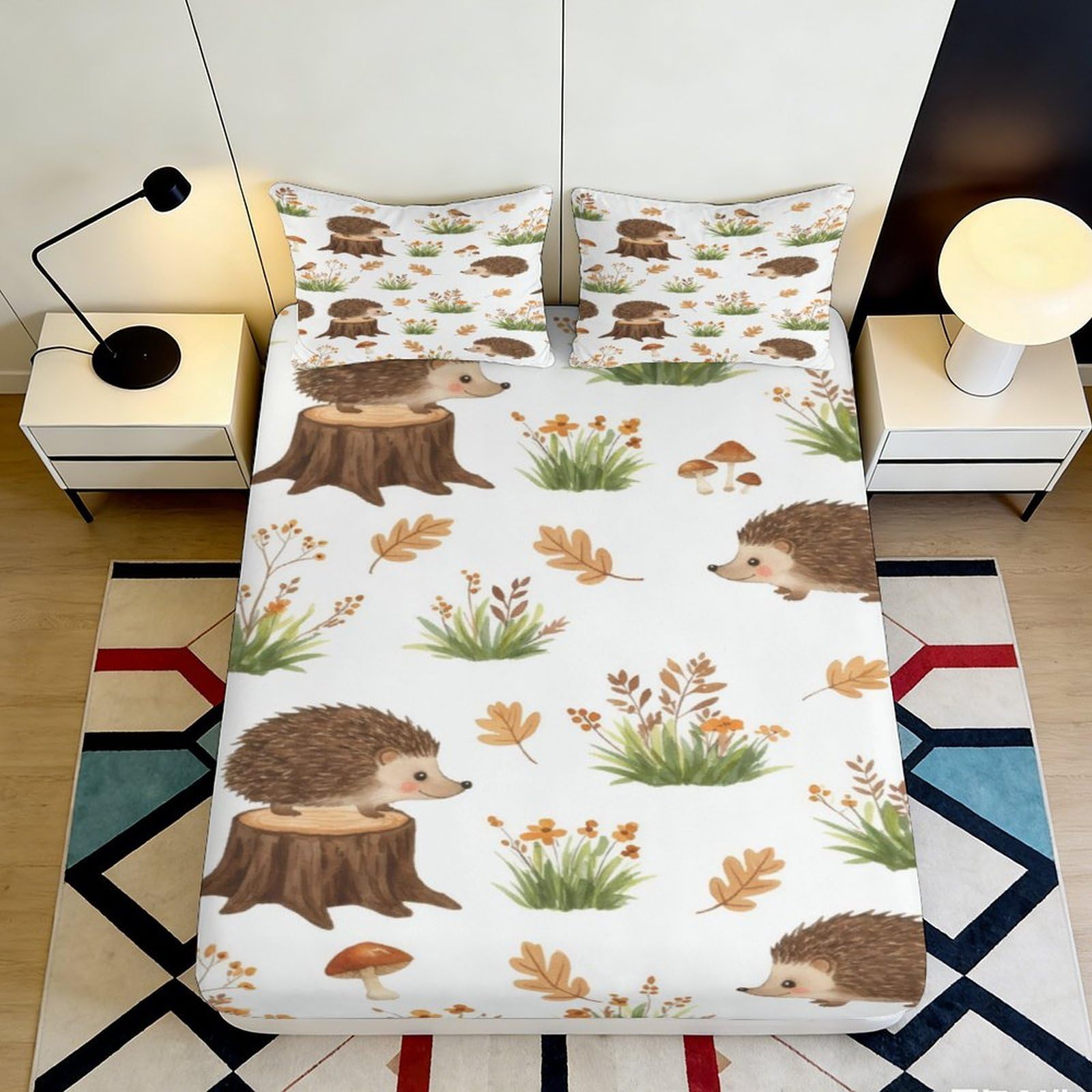 3D Printed Hedgehog Forest Fitted Sheet Microfiber Soft Anti-Slip Bed Sheet for Bedroom Dorm Mattress Cover Decor 160x200x25cm