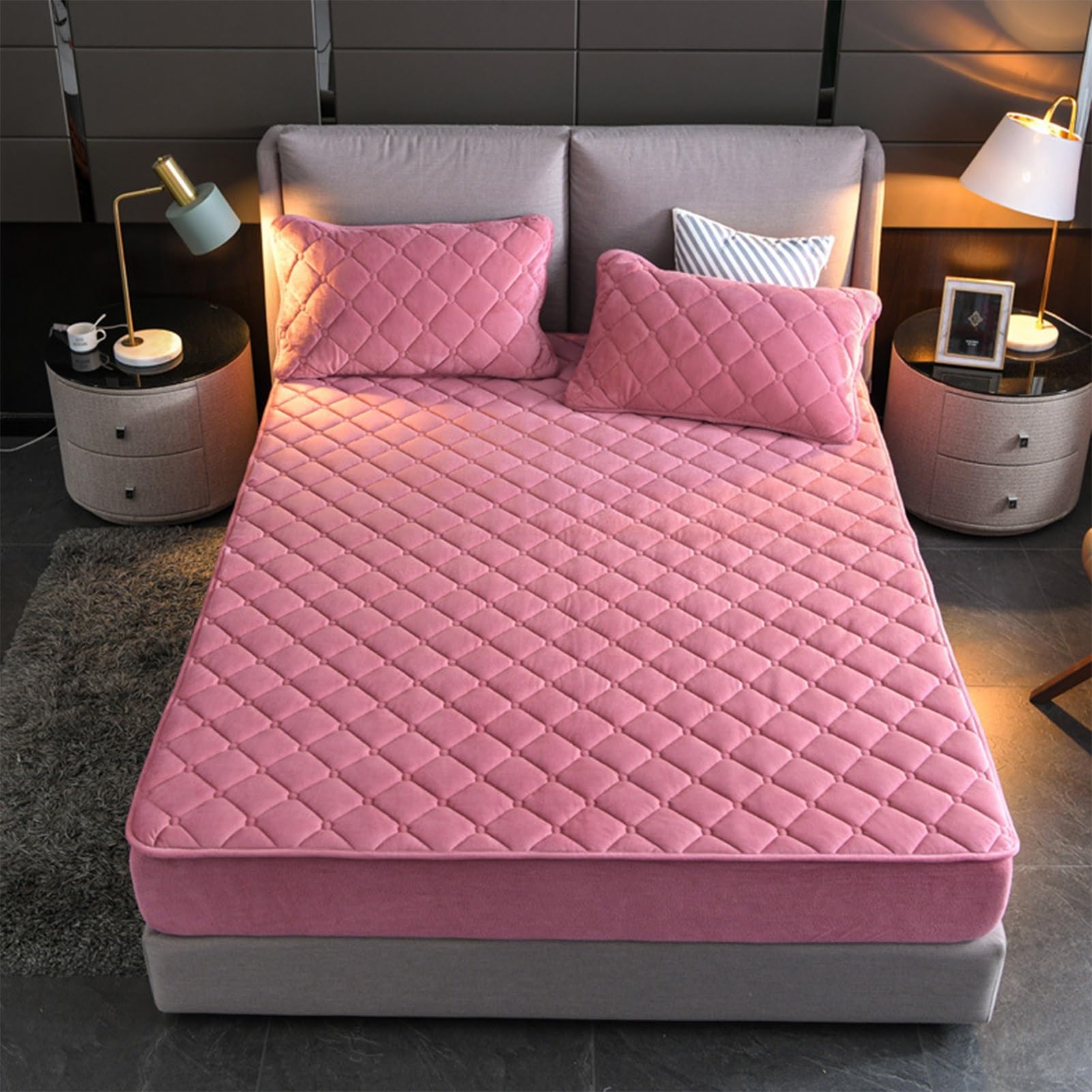 Yudeyu Bean Pink Quilted Fitted Sheets Soft Crystal Velvet Fabric Mattress Protector Double Single Bed Toppers Overlays(,90X190cm/High 10-30Cm)