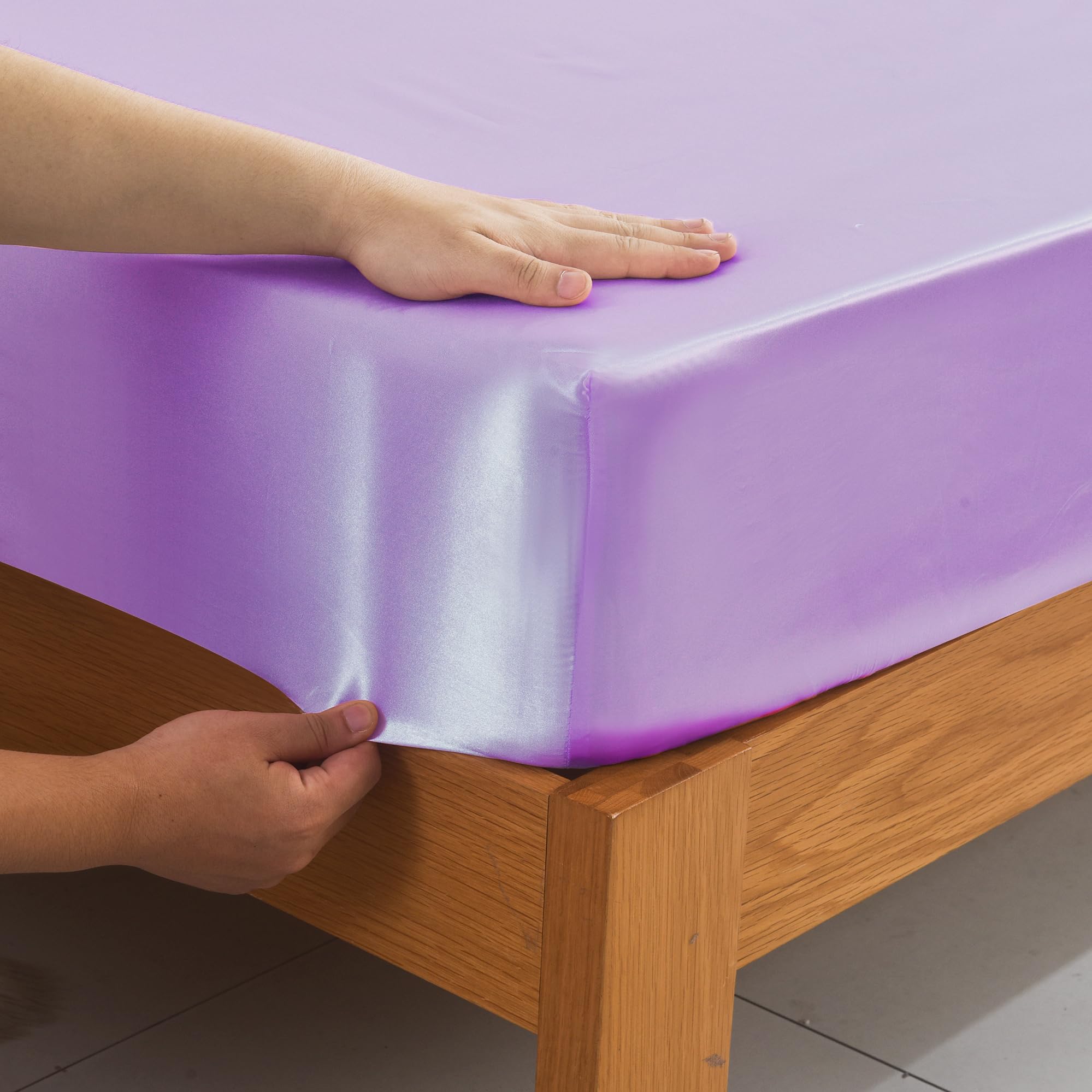 ROOEE Satin Silk Fitted Sheet with Pillowcase Set Breathable Soft Bedding Brushed Fabric Wrinkle - Image 3