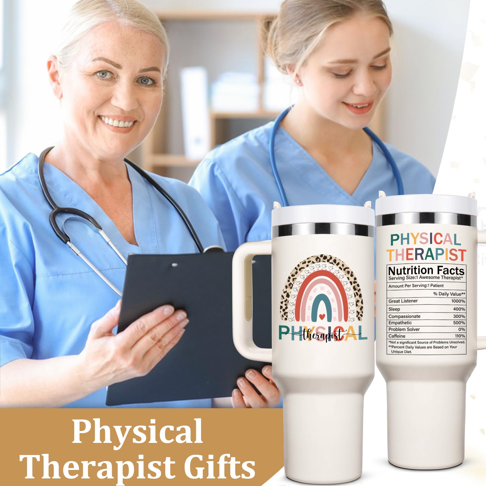 Lifecapido Physical Therapist Gifts, PT 40oz Insulated Tumbler with Stickers, Birthday Christmas PT Month Gifts for Physical Therapists, Creamy