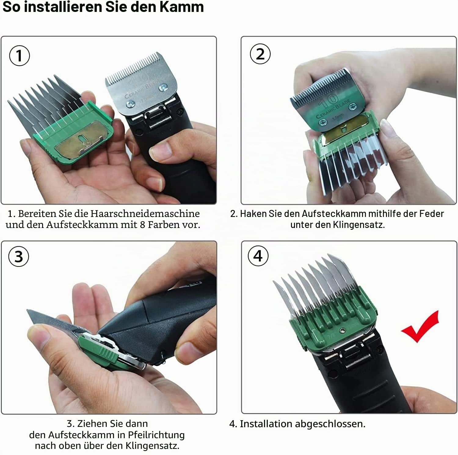 Hundezubehör aus Edelstahl Führungskamm in 8 Farben, kompatibel mit heiniger/MOSER Max45,50/Andis/Oster A5/Wahl KM10 Abnehmbare Klinge (geeignet für 10/15/30 Klingen)