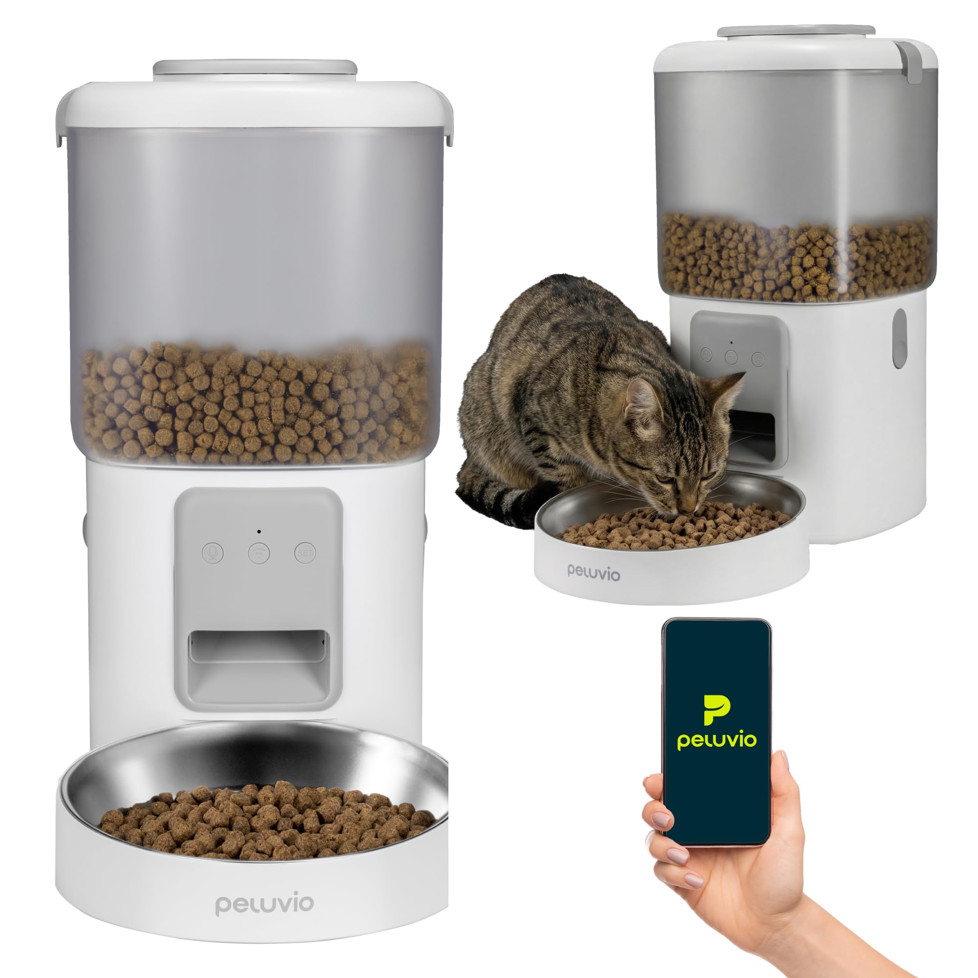 Peluvio Crispy Wi-Fi automatyczny dozownik karmy dla psa z aplikacją Wi-Fi, timerem i nagrywaniem głosu, do 10 posiłków dziennie, pojemnik na suchą karmę 4,5 l, 5-15 mm, 2,5 m kabel zapobiegający