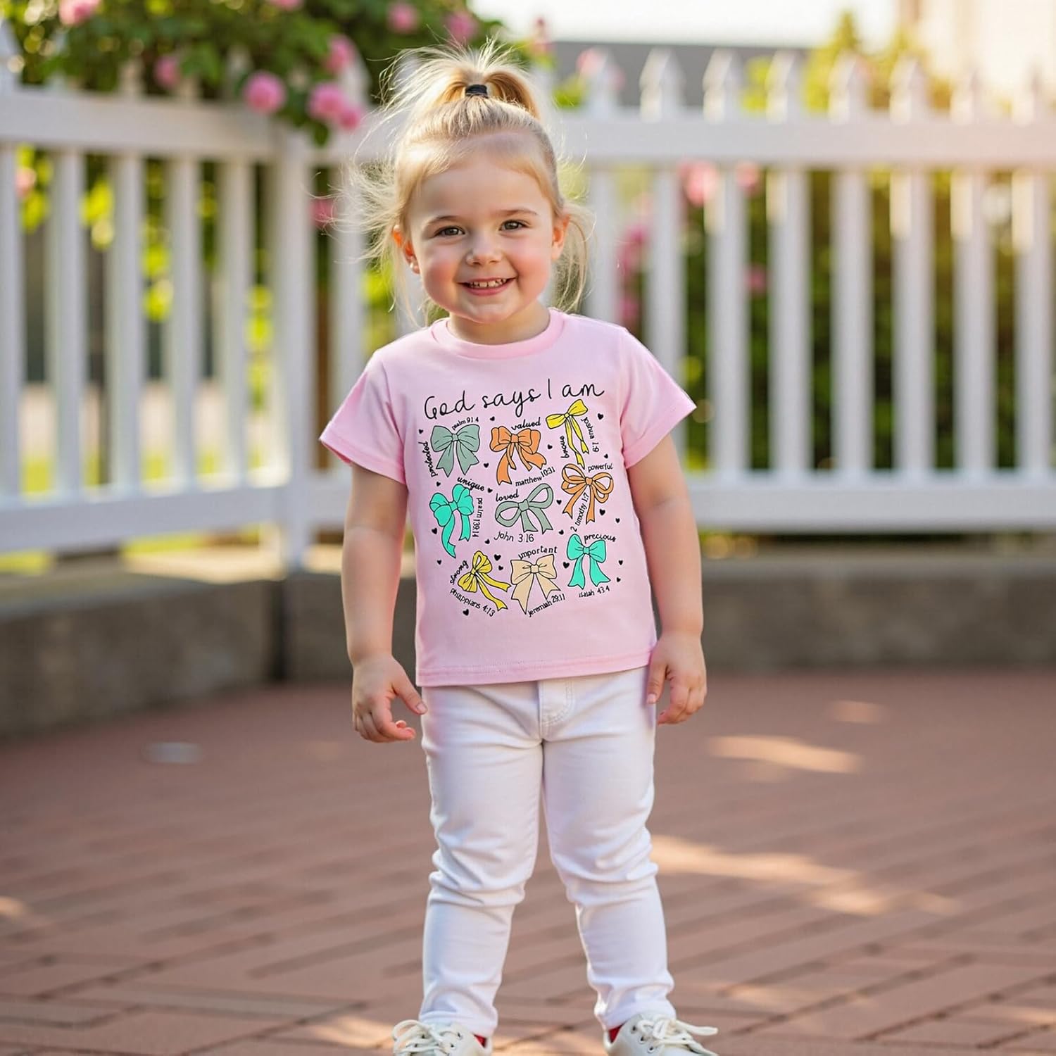 Toddler Girls Christian Shirt God Says I Am Bible Verse Coquette Bow/Flower Religious Shirt Jesus God T-Shirt - Image 2