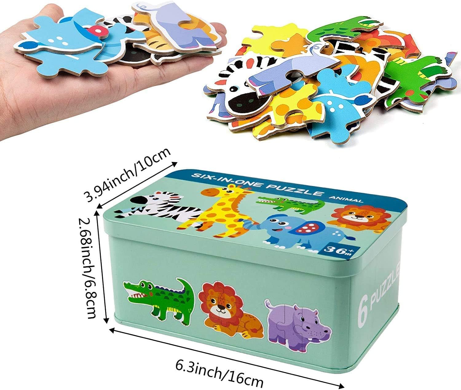 6 Pack Rompecabezas Puzzle Juguetes Bebes para Niños de 1 2 3 4 5 Años, Puzzle, Regalos 3D Patrón Puzles, Montessori Educativos, con Caja de Rompecabezas de Metal - Animal - 2
