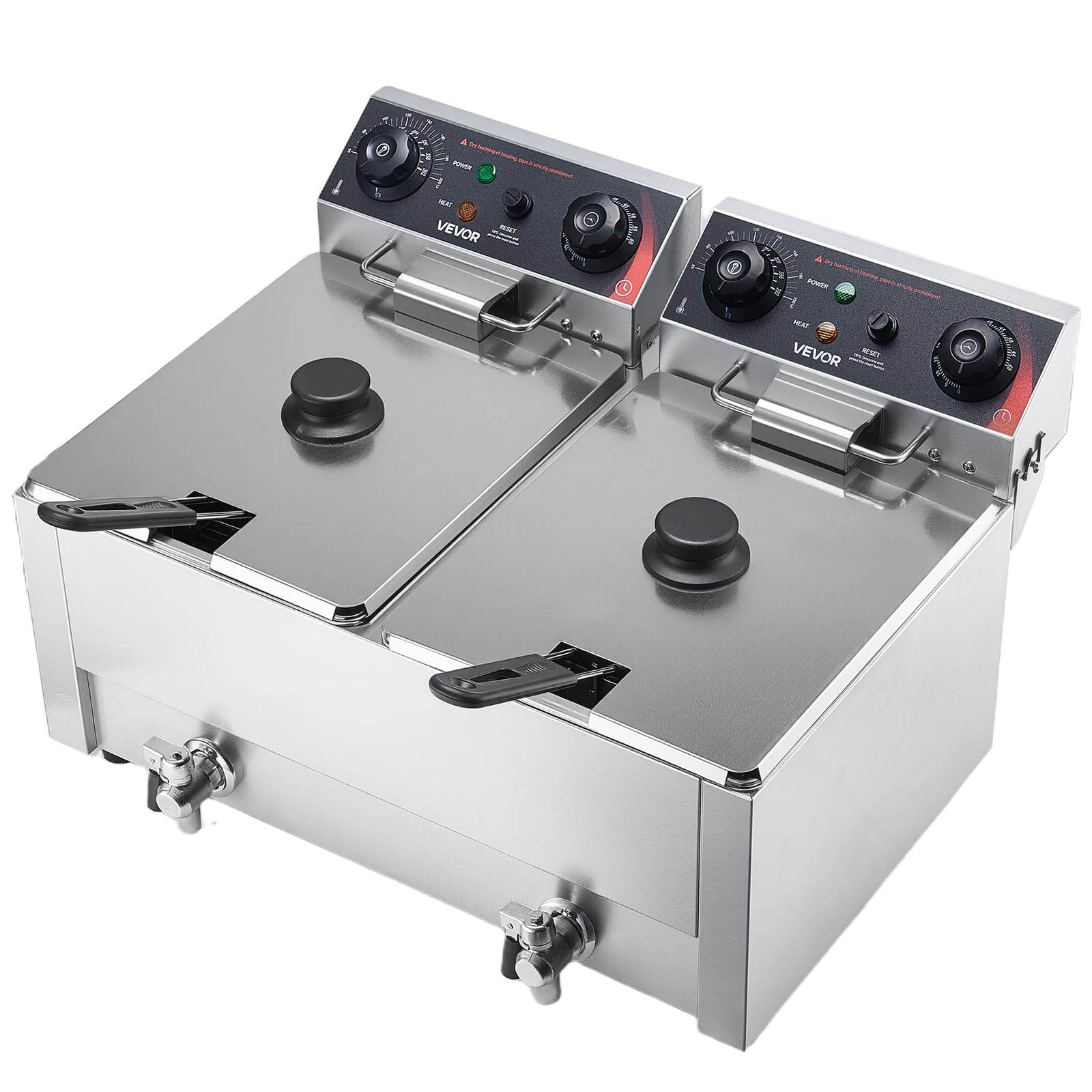 VEVOR Friggitrice Elettrica Doppio Vassoio, Friggitrice 5000 W Totale Acciaio Inox con Cestelli Coperchi 60-200 °C Temperatura Controllata Timer Protezione contro Surriscaldamento, Ristorante Cucina