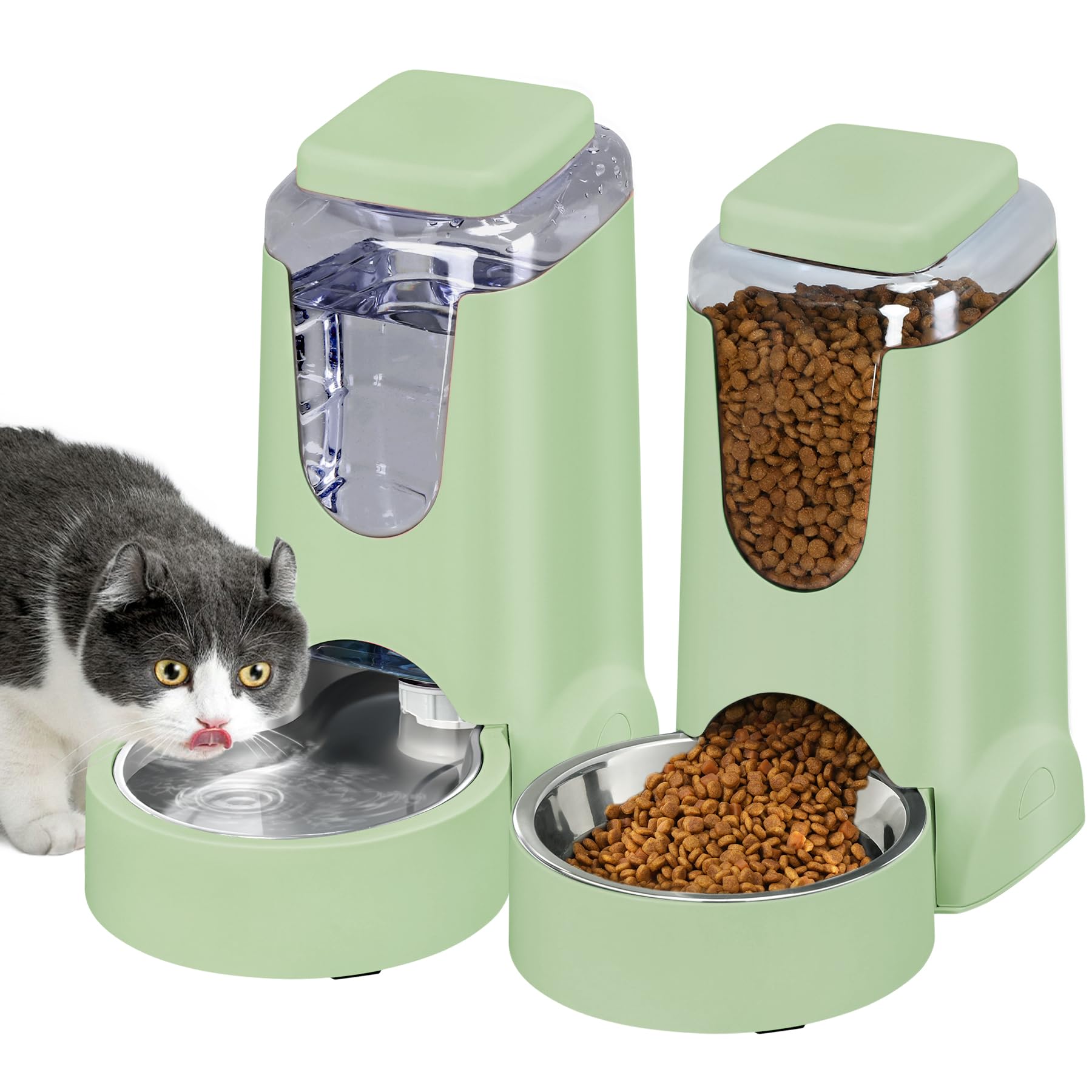 2 Pack Automatic Cat Feeder and Stainless Steel Water Dispenser, Gravity Dog Waterer Set Food Feeder and Waterer Set for Small Medium Kitten Puppy