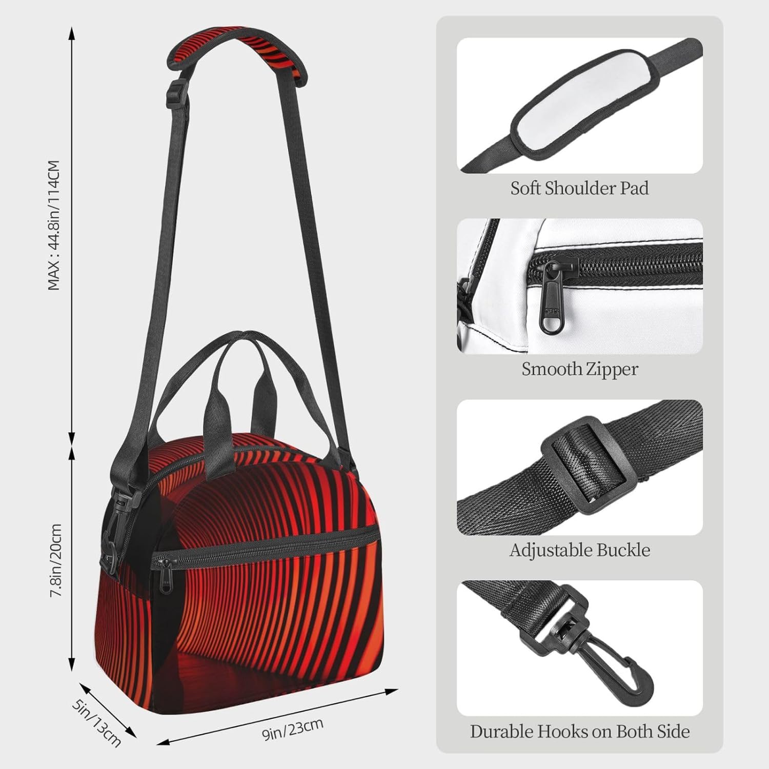 Red Light Dark Gray Stripes Print Reusable Lunch Bag Insulated Lunch Boxes for Office Work Picnic Tote Bag Adjustable