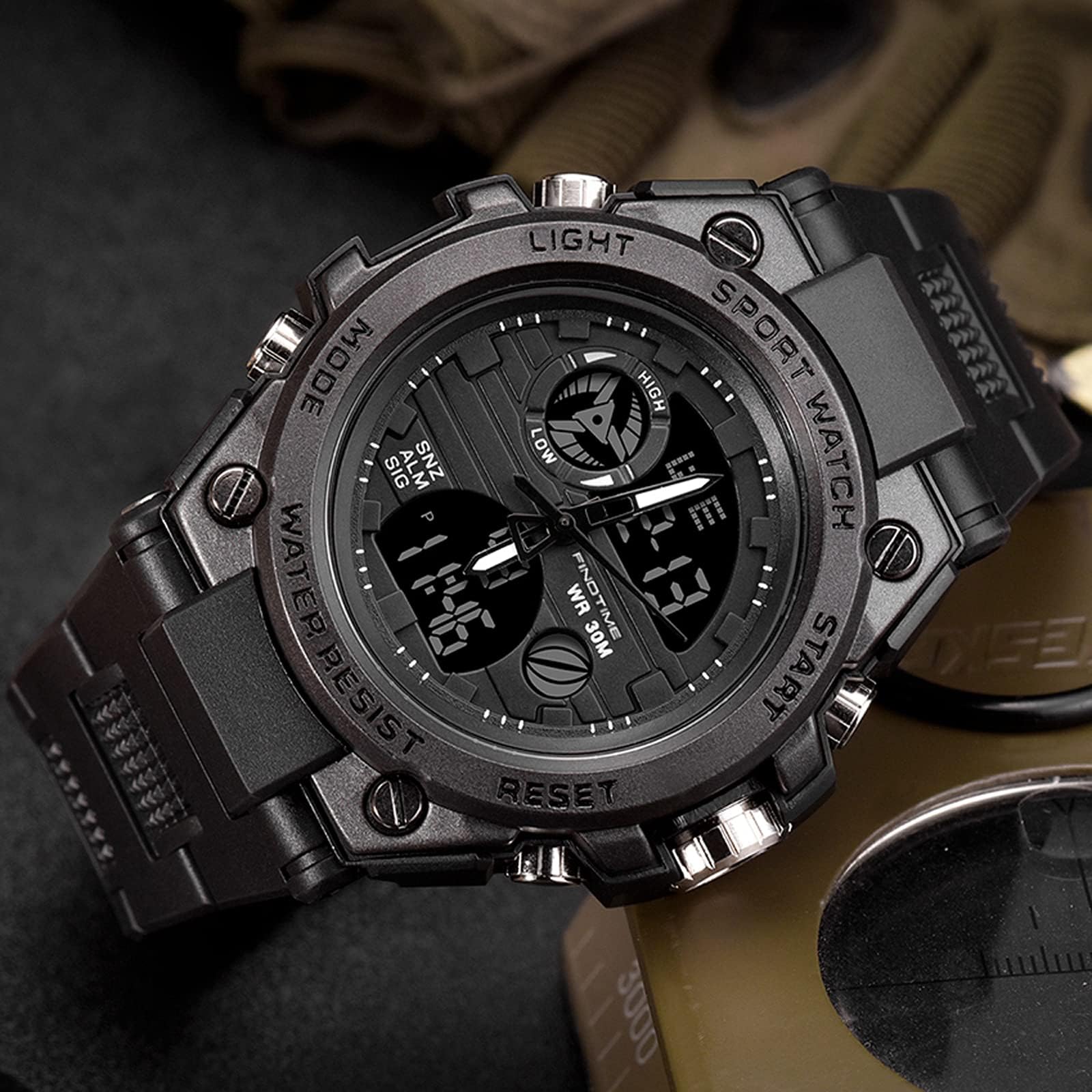 Orologio militare tattico sportivo da uomo, cronometro, quadrante grande, sveglia, doppio display ora, retroilluminazione, orologio da polso impermeabile per esterno, Nero , Cinghia