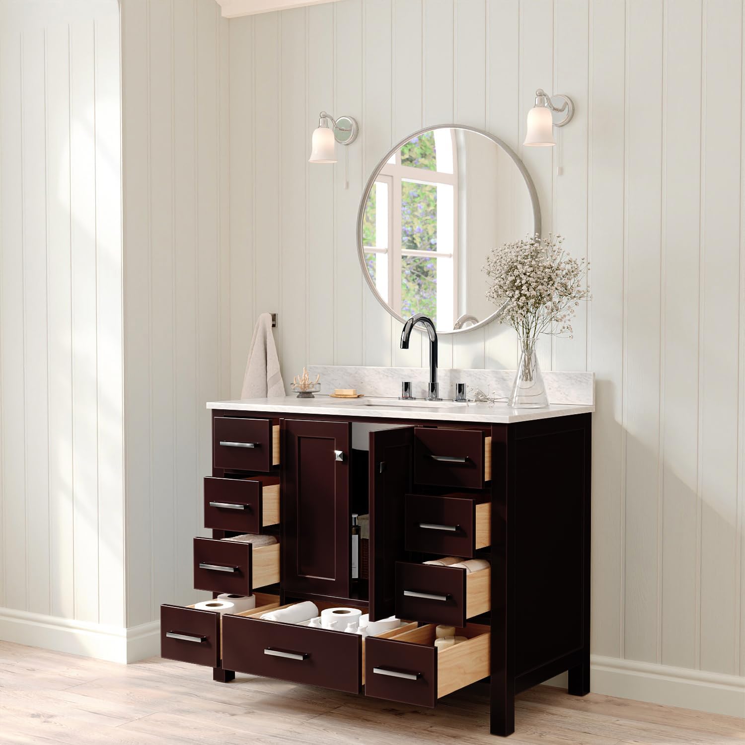 ARIEL Cambridge 42-inch Bathroom Vanity with Sink,Solid Wood, 0.75-inch Italian Carrara Marble Countertop, Single Rectangular Porcelain Sink, 2 Soft Closing Doors, 9 Dovetail Drawers, Espresso