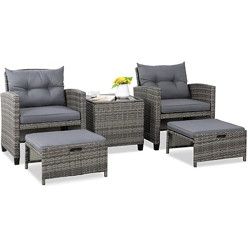 Shintenchi 5 Pieces Patio Furniture Set, Outdoor Wicker Patio Conversation Set with Ottoman, All Weather Rattan Outside Chairs with Coffee Table & Cushion for Porch, Garden, Backyard, Gray