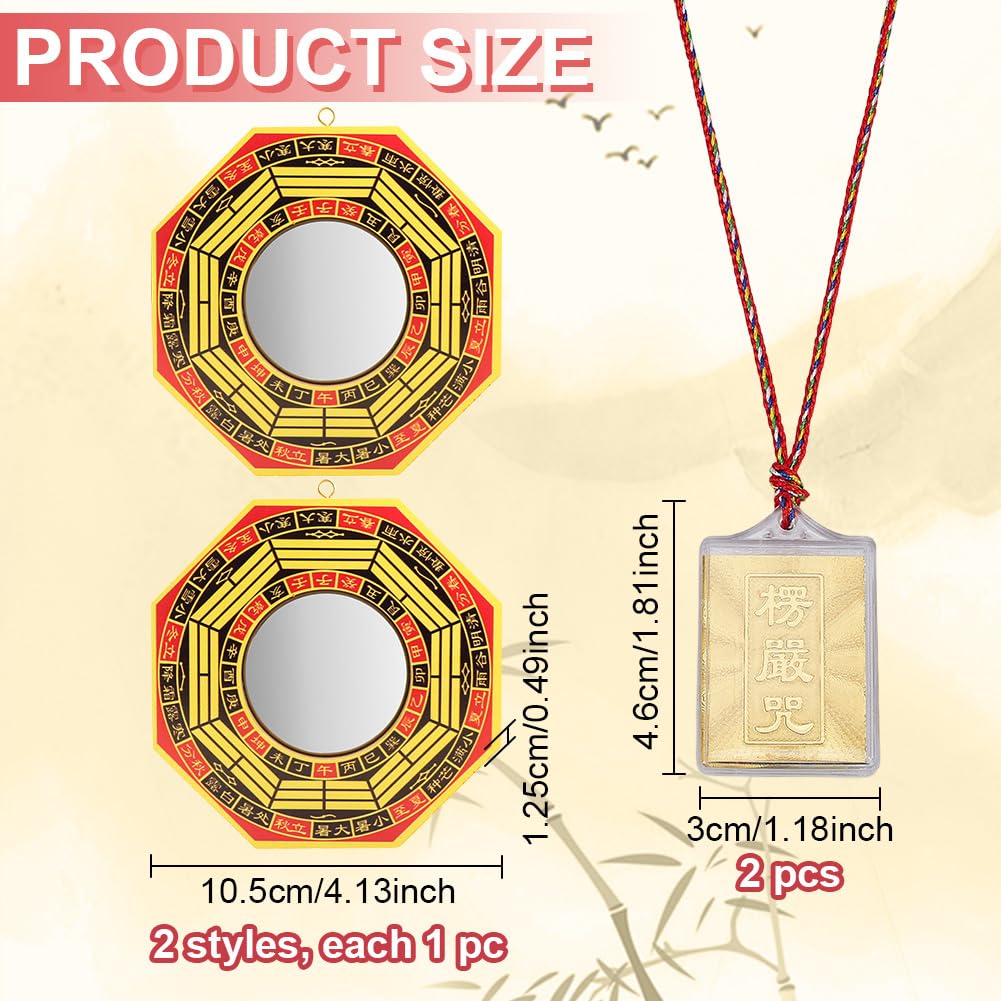 PLIGREAT Juego de 2 espejos Bagua, espejo Bagua para protección de madera, espejos cóncavos y cóncavos tradicionales chinos Feng Shui, 2 colgantes dorados para el hogar, protección activa y pasiva de