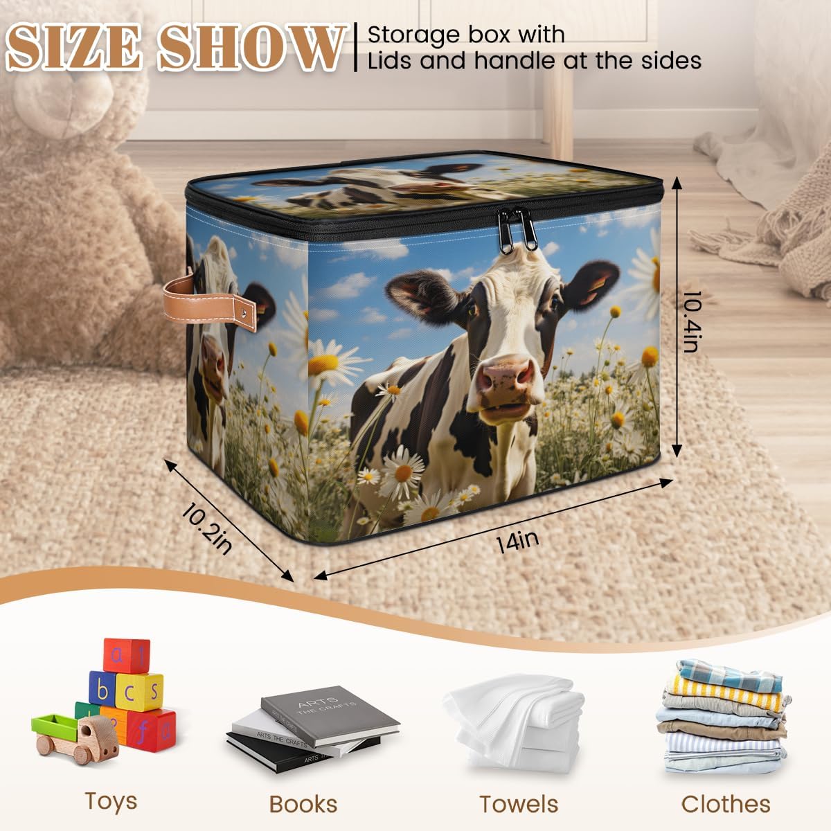 Storage Bin Set of 2 Daisy Cow Storage Basket with Zipper Lid & Handle Foldable Closet Shelf 2 Pack Cloth Organizer Basket Cube Bins Clothes Organizer for Bedroom, Nursery