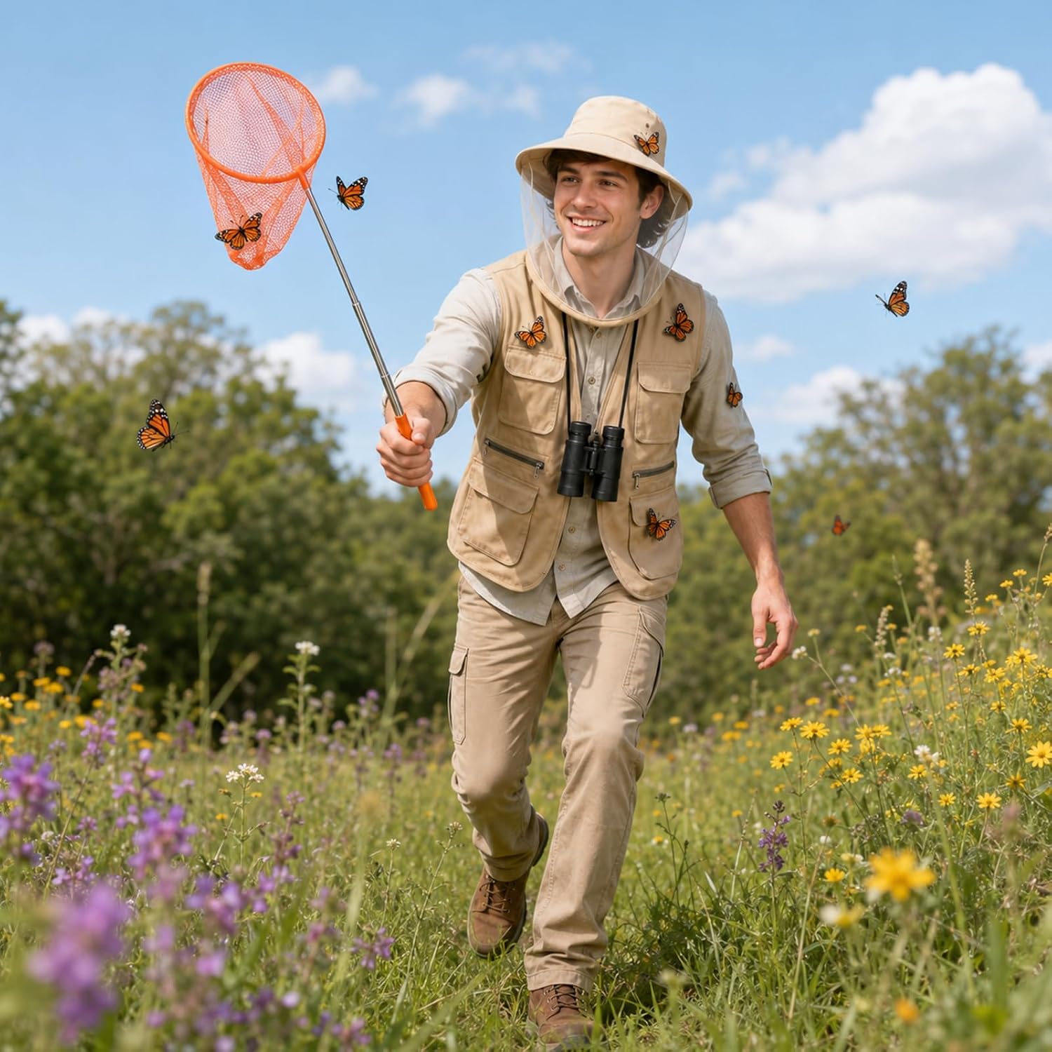 JcHrmers 16 Pcs Butterfly Catcher Costume Set with Safari Hat Vest Binoculars Butterfly Net and Butterfly Props for Halloween Explorer Party Dress Up