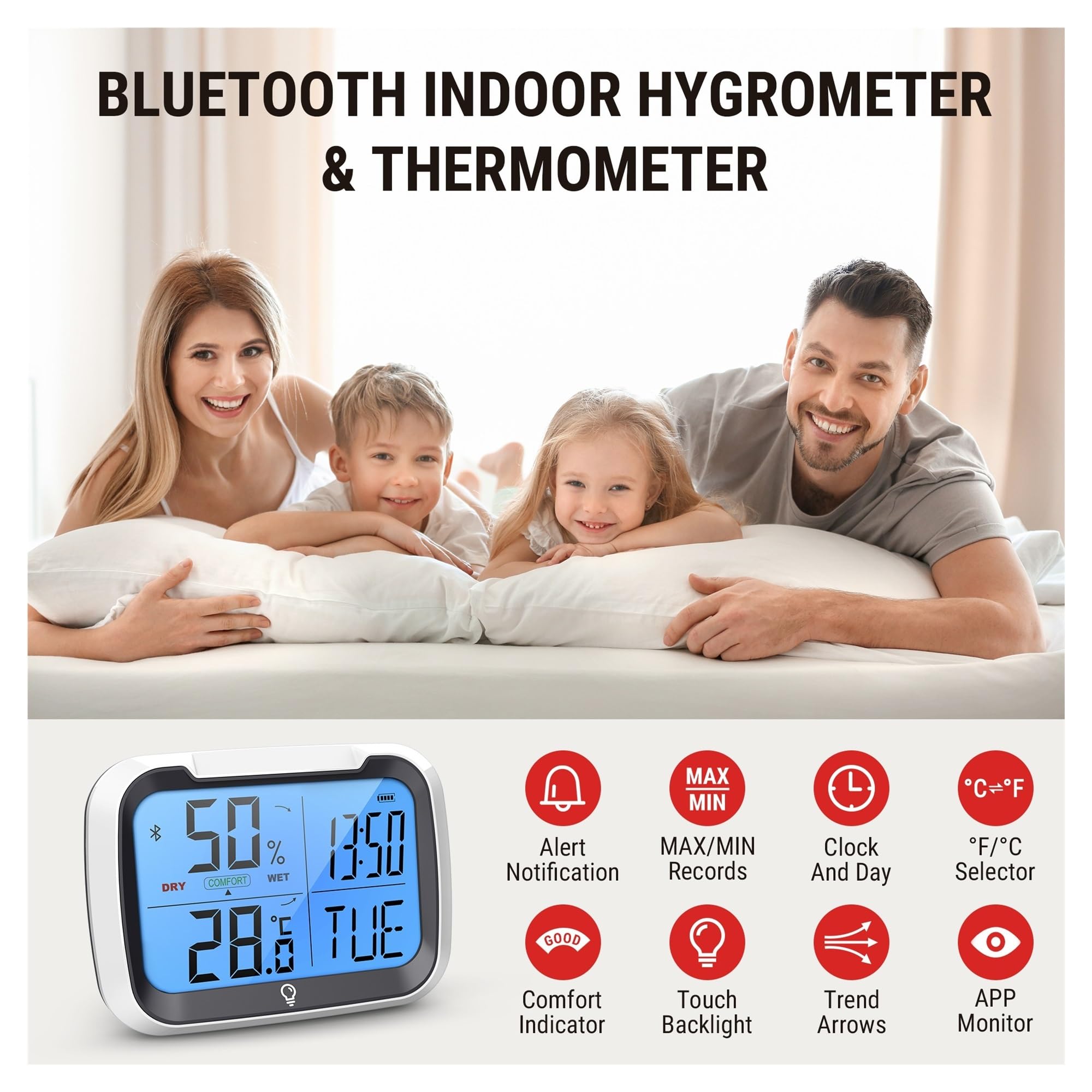 Termohigrometr Duże Podświetlenie 80M Bezprzewodowy Domowy Termometr Cyfrowy Bluetooth Higrometr Ze Stacją Pogodową Z Datą I Zegarem