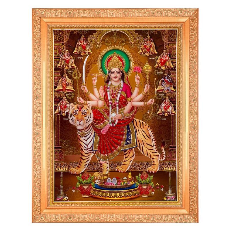 BM TRADERSNav Durga Zari Art Work Photo In Religious Frame Big (14 X 18 Inches)