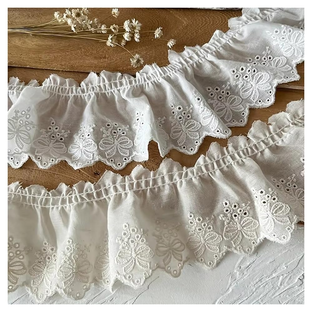 Encaje plisado de algodón con lazos bordados para costura decorativa