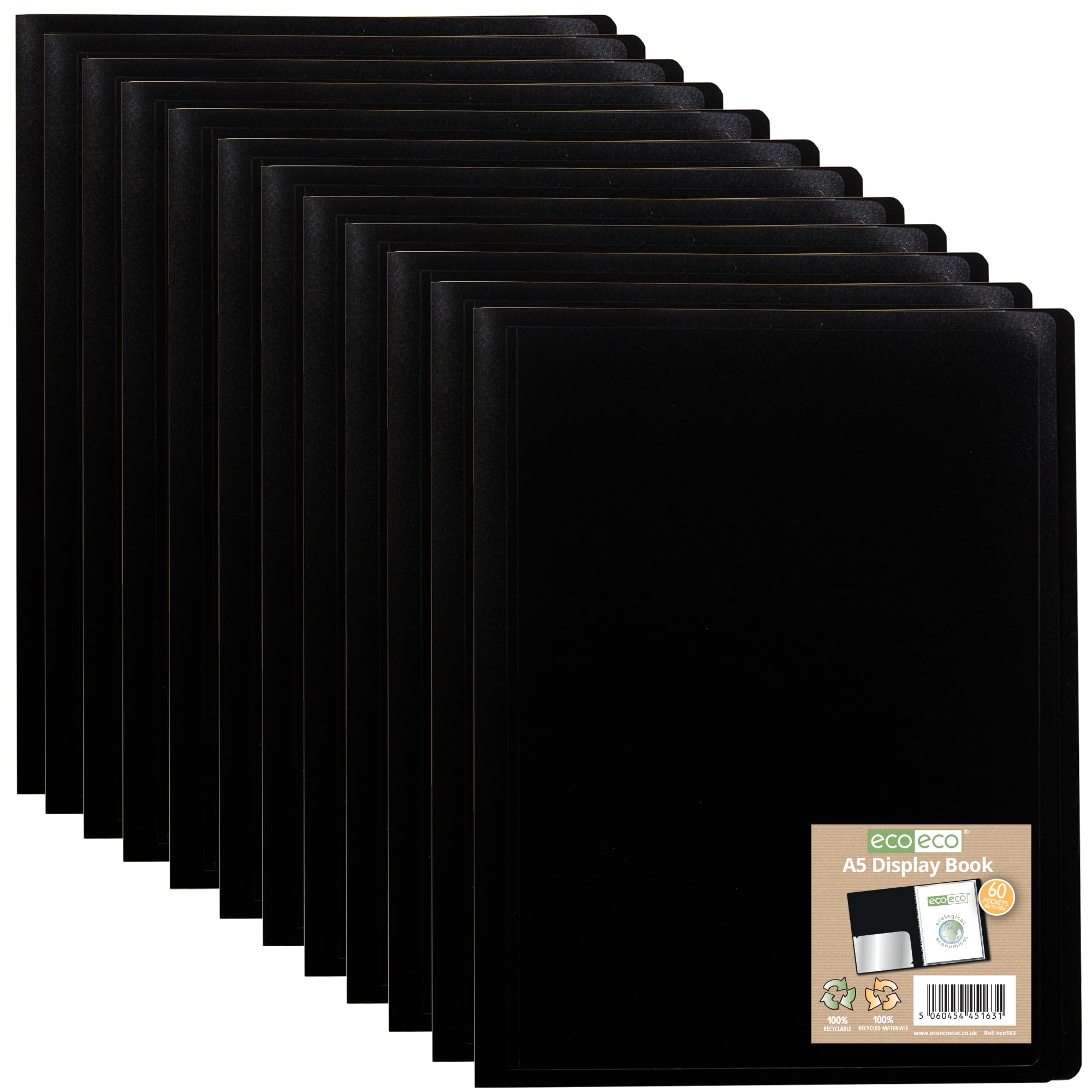 eco-eco A5 100% Recycled 60 Pocket Black Flexible Cover Portfolio Book Folder Display Book, Pack of 12 Folders, eco163x12