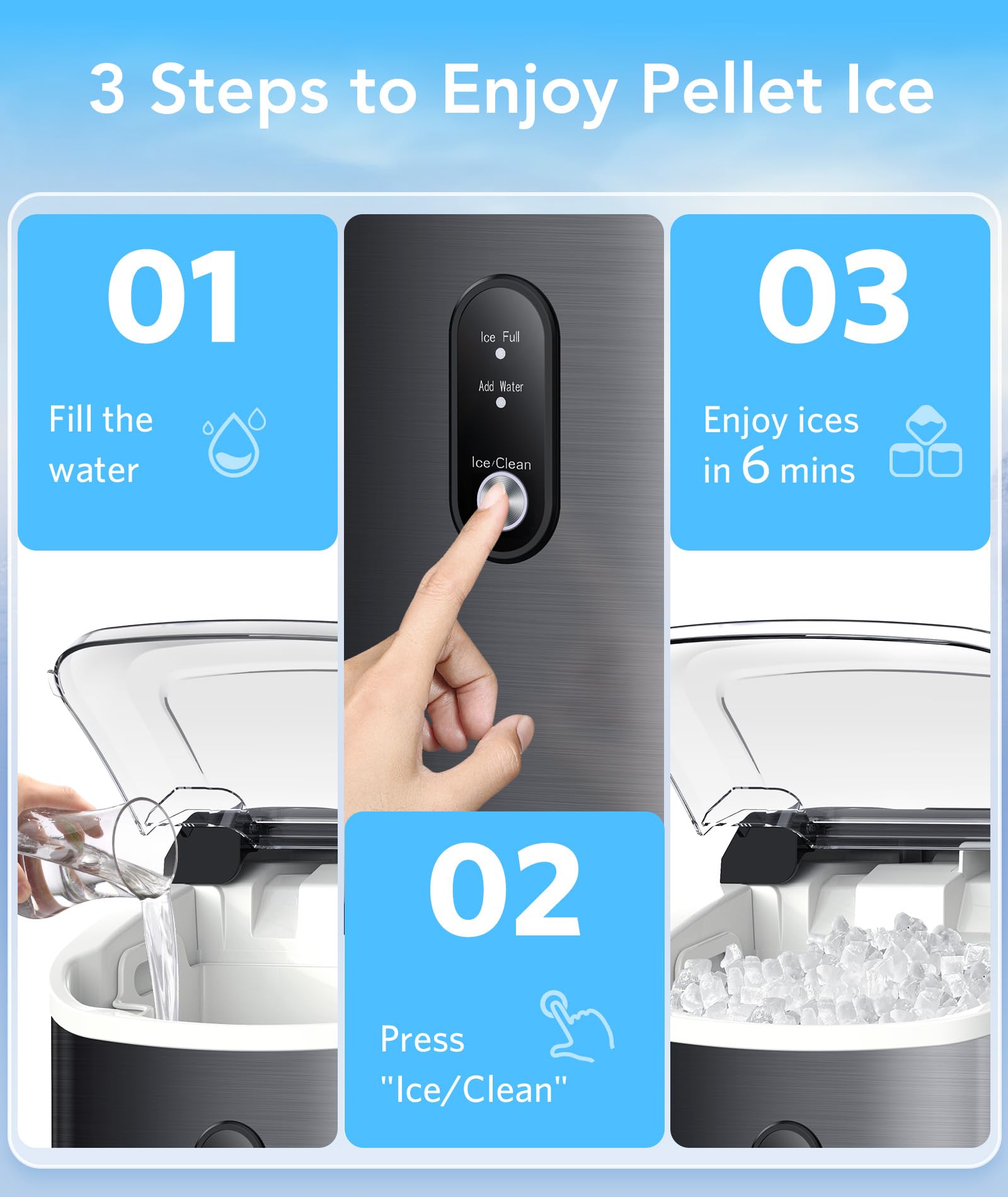 Electactic Nugget Ice Maker Countertop - Pebble Ice Maker With Self-Cleaning, 35lbs/Day, Ready In 6 Mins, Portable Sonic Ice Machine With Handle, Basket & Scoop For Home, Kitchen, RV, Outdoor (Silver) on Fridge.com - View 2