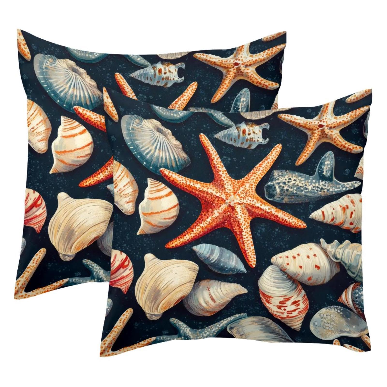 Lot de 2 housses de coussin velours 50 x 50 cm motif coquillage et etoile de mer