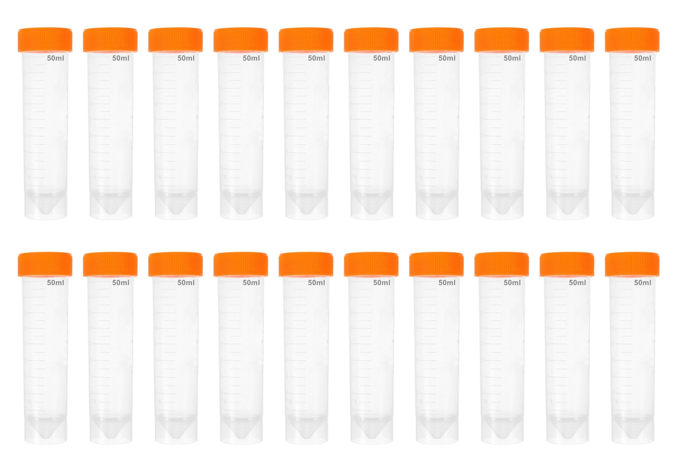 Tubo de ensayo de plástico 50 ml, transparente con tapa naranja, fondo cónico/plano, graduado para experimentos de química