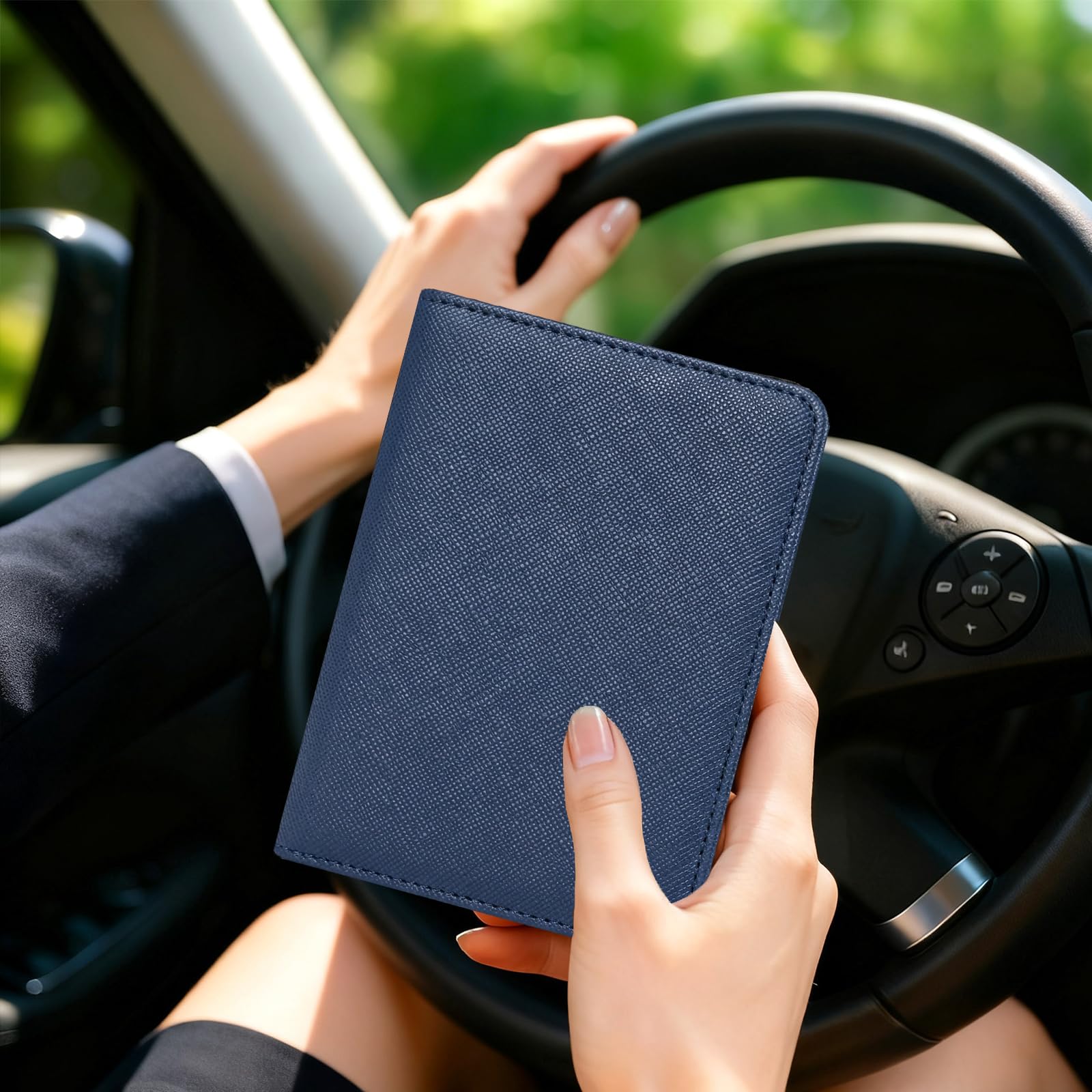 Caweet Soporte para registro de coche y seguro – Organizador de guantera de coche – Portadocumentos de cuero para carné de conducir, carné de identidad y tarjetas, azul-1