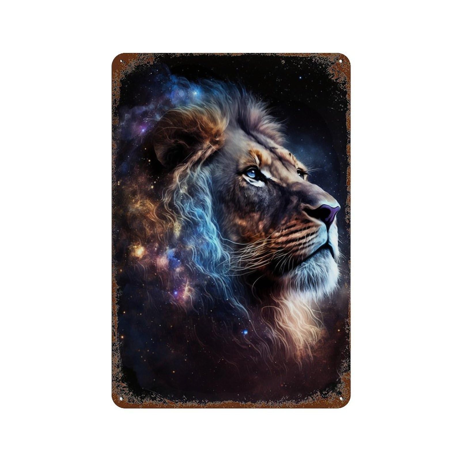 Cosmic Lion Portrait-1 11.8"x7.9" Rust Effect Tin Sign, Old School Wall Decor for Pub, Kitchen And Man Cave Decor