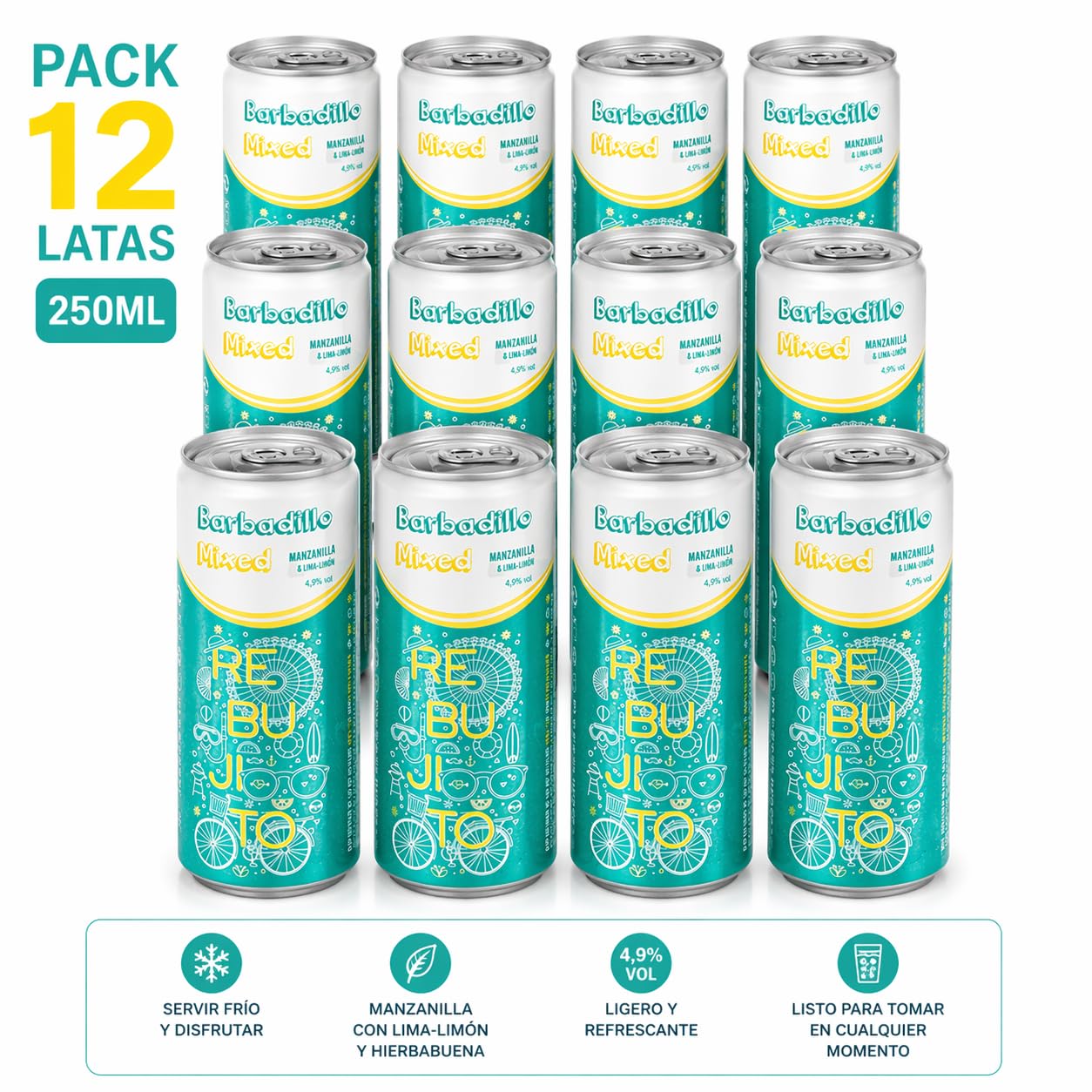 Rebujito Barbadillo Mixed 12 Latas 250ml | Vino Manzanilla con Lima-Limón y Hierbabuena | Bebida Refrescante Lista para Tomar | Ideal Feria, Playa y Verano