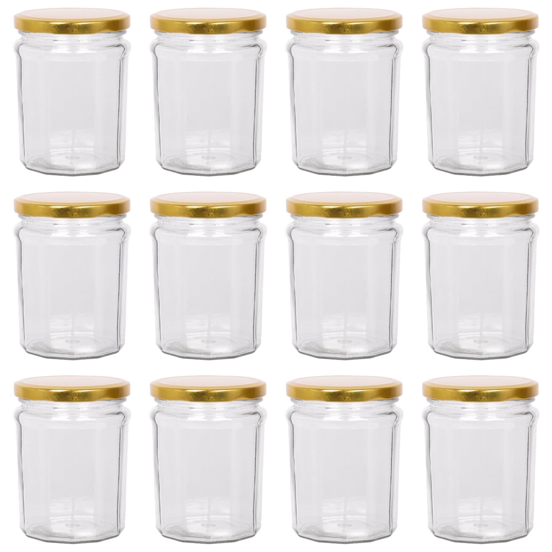 Argon Tableware Glass Jam Jars with Airtight Gold Lids - 380ml - Pack of 12 - Empty Screw Top Kitchen Storage Jar for Food, Honey, Spice, Pickling, Preserving, Candle Making