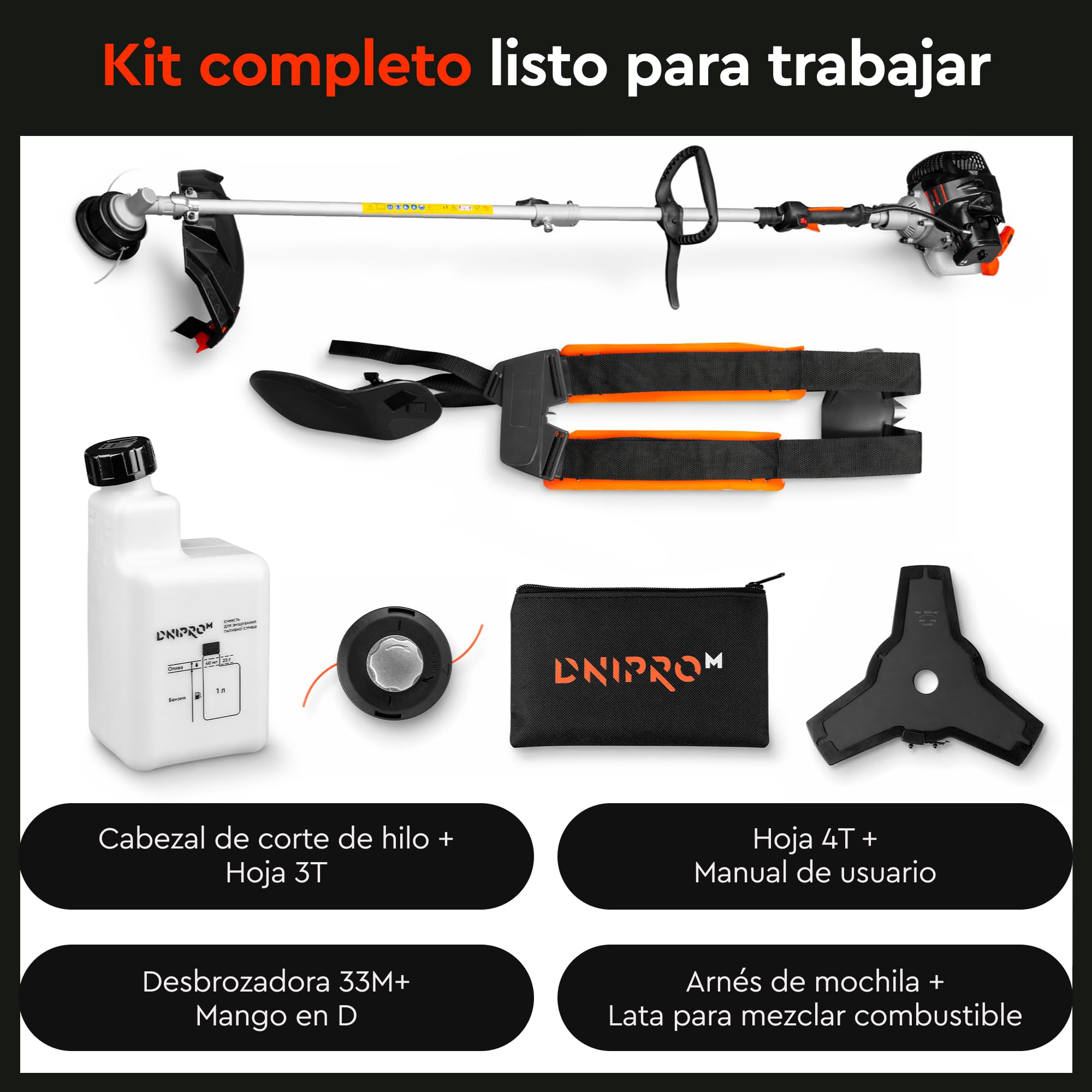 Desbrozadora de Gasolina, 32,6 CC, 1 kW (1,5 HP), Hilo 430 mm, Disco de Acero 255 mm, 7,1 kg, Arnés Mochila, Empuñadura Tipo D y Easy Start - 33M