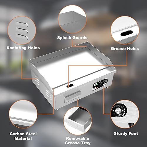 Miniatura 5 de Plancha eléctrica comercial de 18 pulgadas, plancha eléctrica de hierro fundido con material de acero inoxidable y antiadherente, plancha comercial