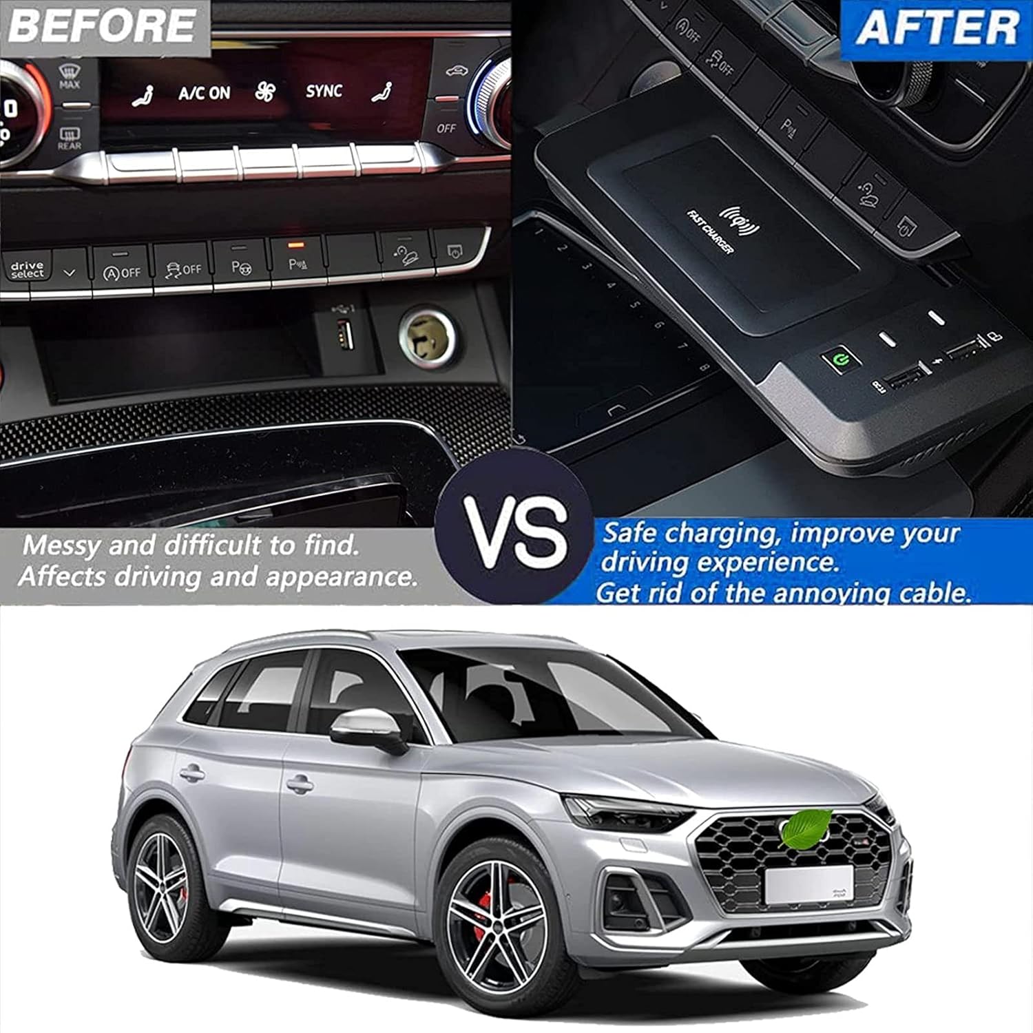 vehicle wireless charging padfor a udi q5 sq5 2019 2020 2021 all models accessory qi 15w max with qc3 0 usb wireless car charger car wireless chargin