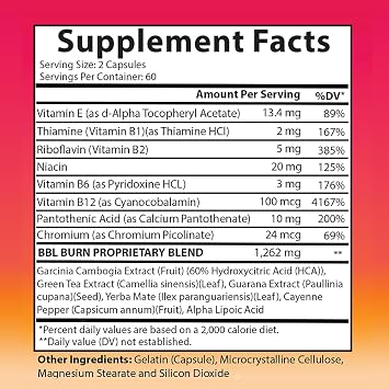 Better Booty BBL Burn Thermogenic Complex Capsules, Tone & Sculpt Belly, Bum + Legs w. Garcinia Cambogia, Guarana, Green Tea Ext, ALA, Cayenne Pepper Supplement (120ct, 60 Servings)