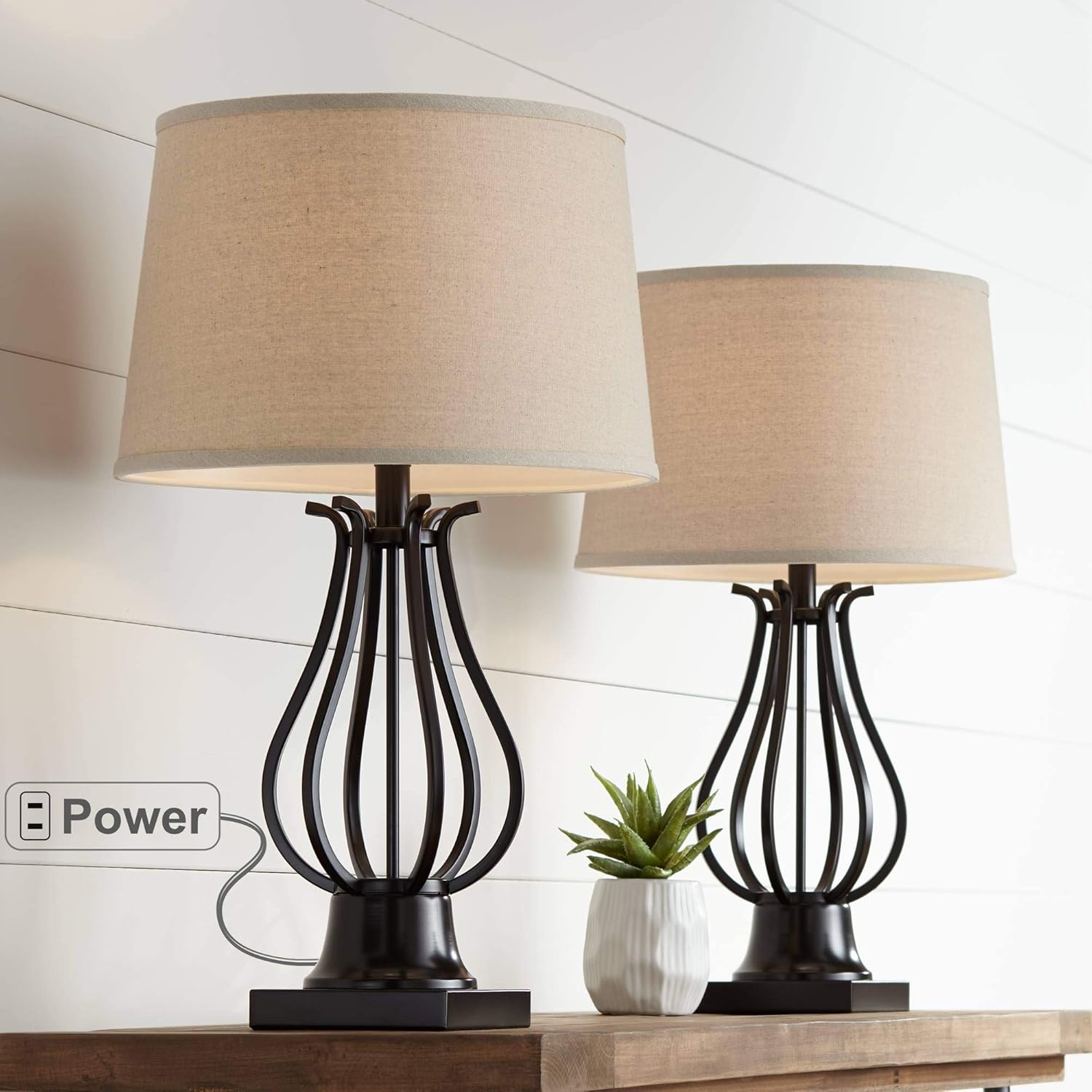 🔥 Crazy Deals Hadley Modern Industrial Rustic Table Lamps 26 High Set of 2 with AC Power Outlet in Base Bronze Metal Fabric Tapered Drum Shade for Living Room Bedroom House Bedside Office - Regency Hill