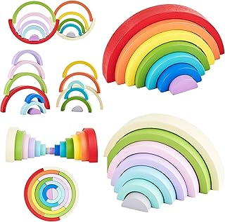 Lanttoe 2 Pack Wooden Rainbow Stacking Toys Nesting Puzzle Blocks-Rainbow Learning Toy Set Board Early Development Rainbow Stacker for Kids Baby Toddlers(Rainbow+Macaron)