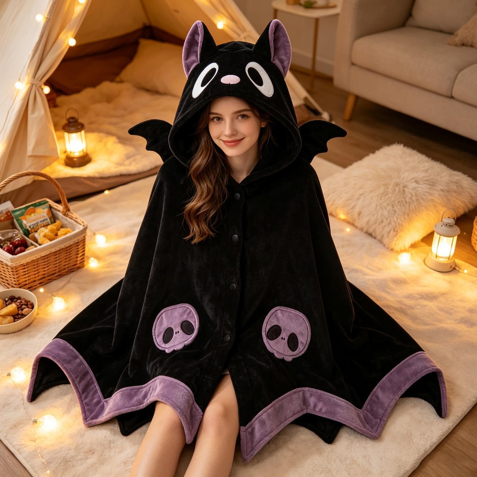 Kreskówkowa nietoperzowa koc z kapturem do noszenia na Halloween i cosplay