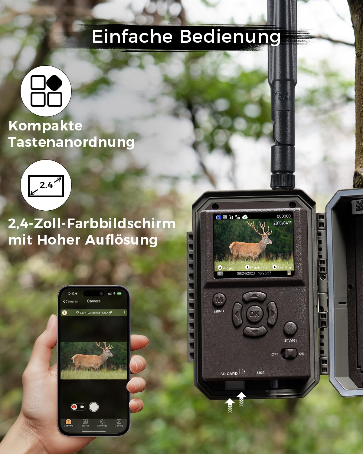 Meidase S600 4G LTE Wildtierkamera 48MP 1296P 25m Nachtsicht IP66 Wassergeschützt Bewegungserkennung