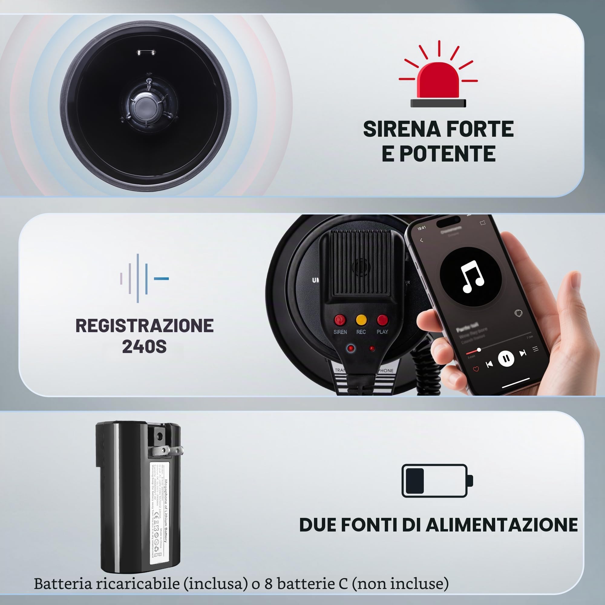MyMealivos Megafono con Sirena Bullhorn, Altoparlante Bullhorn da 50 Watt con Microfono Rimovibile, Tracolla Leggera Portatile e Ingresso AUX da 3,5 mm (megafono)