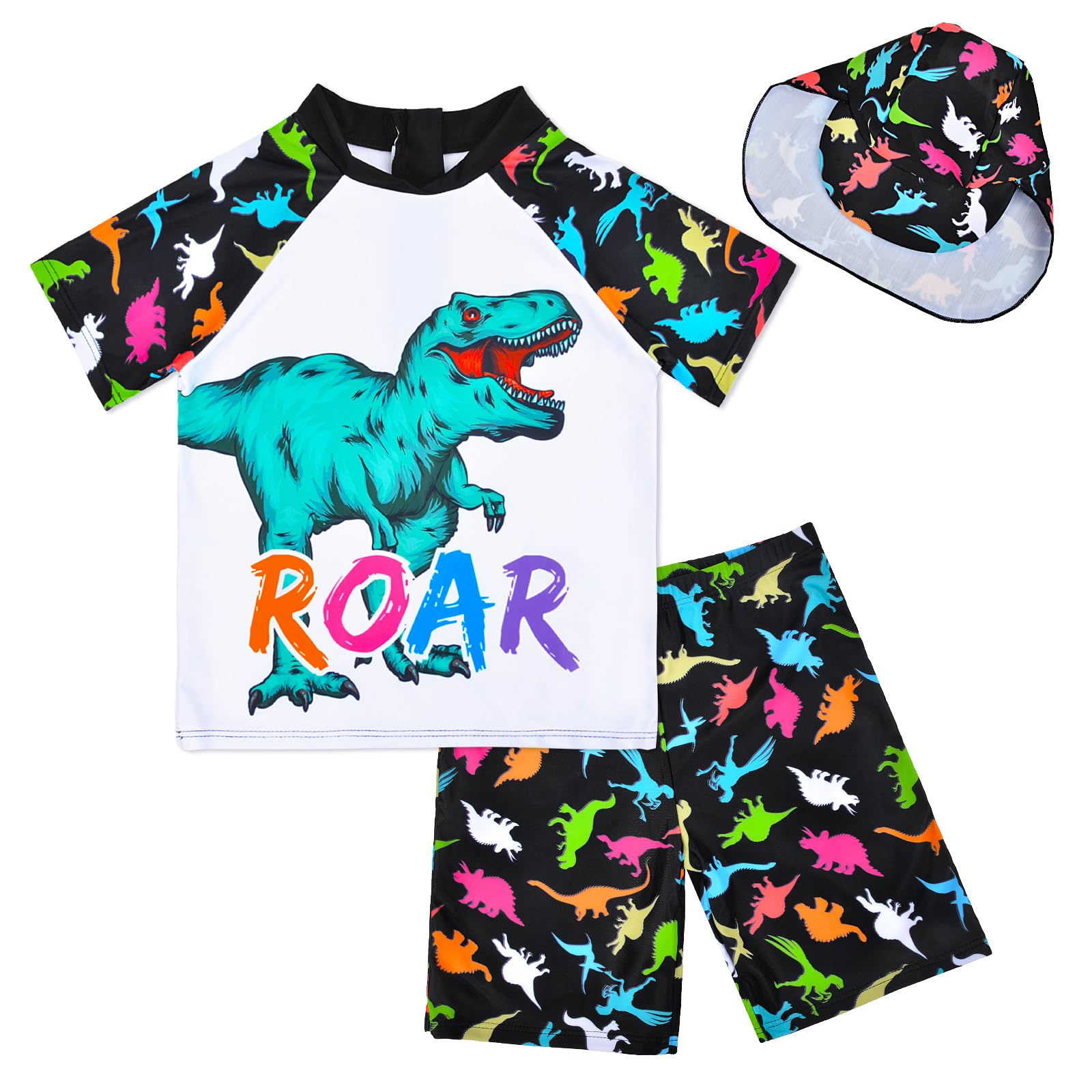 Boys Two Piece Rash Guard Swimsuits Kids Short Sleeve Swimwear Sets Bathing Suit with Sun Hat for 2-6 Years